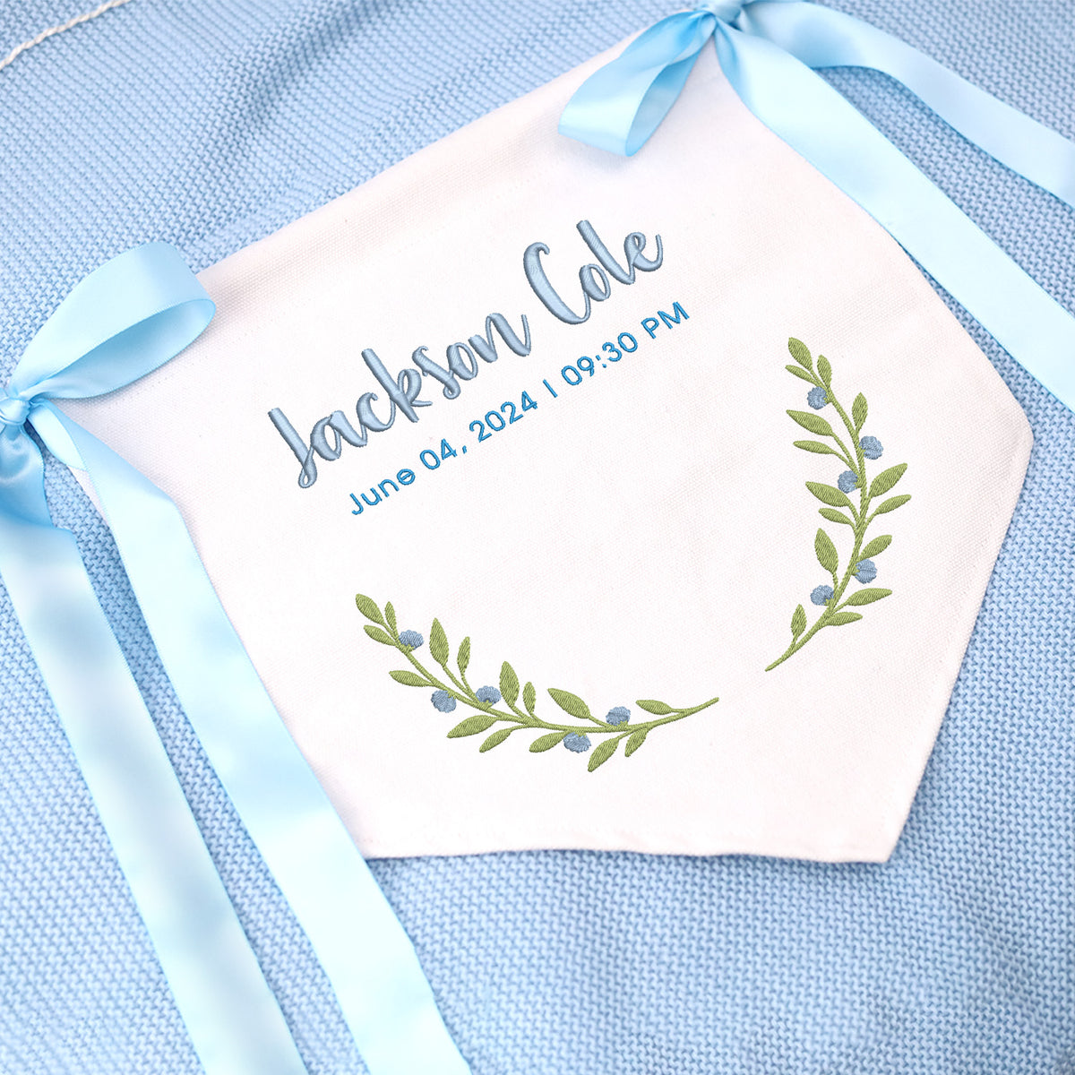Custom Baby Footprint Banner with Bows, Personalized Embroidered Baby Name & Birth, Embroidered Welcome Banner for Girl Boy, Baby Birth Announcement Sign