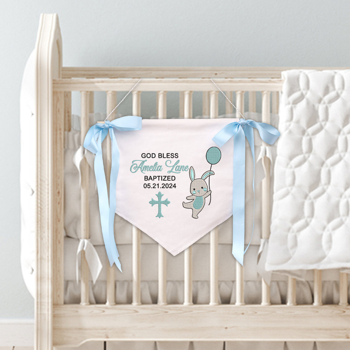 Custom Baptism Banner with Embroidered Cross, Baby Crib Canvas Hanging Pennant Flag, Baby Room Front Door Sign, Great Gift For Baby