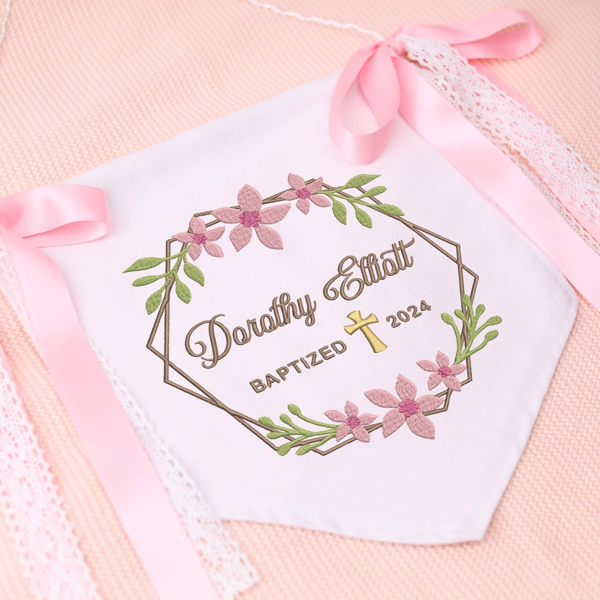 Custom Baptism Banner with Embroidered Cross, Baby Crib Canvas Hanging Pennant Flag, Newborn Baby Banner with Bows Ribbon