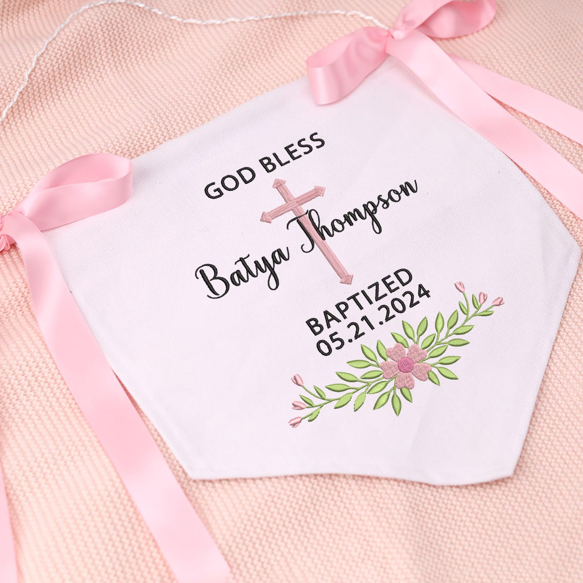 Custom Baptism Banner with Embroidered Cross, Baby Crib Canvas Hanging Pennant Flag, Newborn Baby Banner with Bows Ribbon, Baby Room Front Door Sign