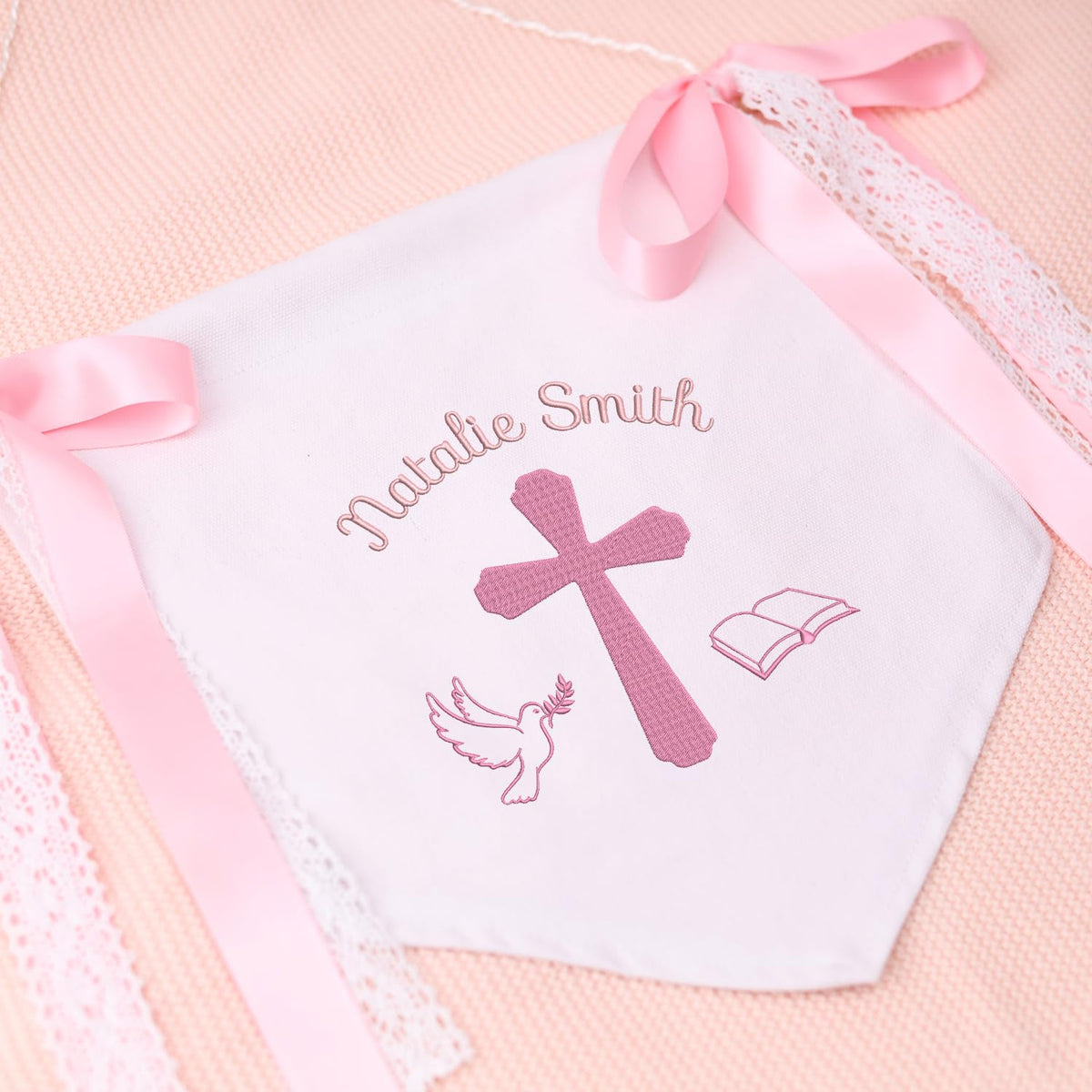 Custom Baptism Banner with Embroidered Cross, Baby Crib Canvas Hanging Pennant Flag, Newborn Baby Banner with Bows Ribbon, Gift For Baby