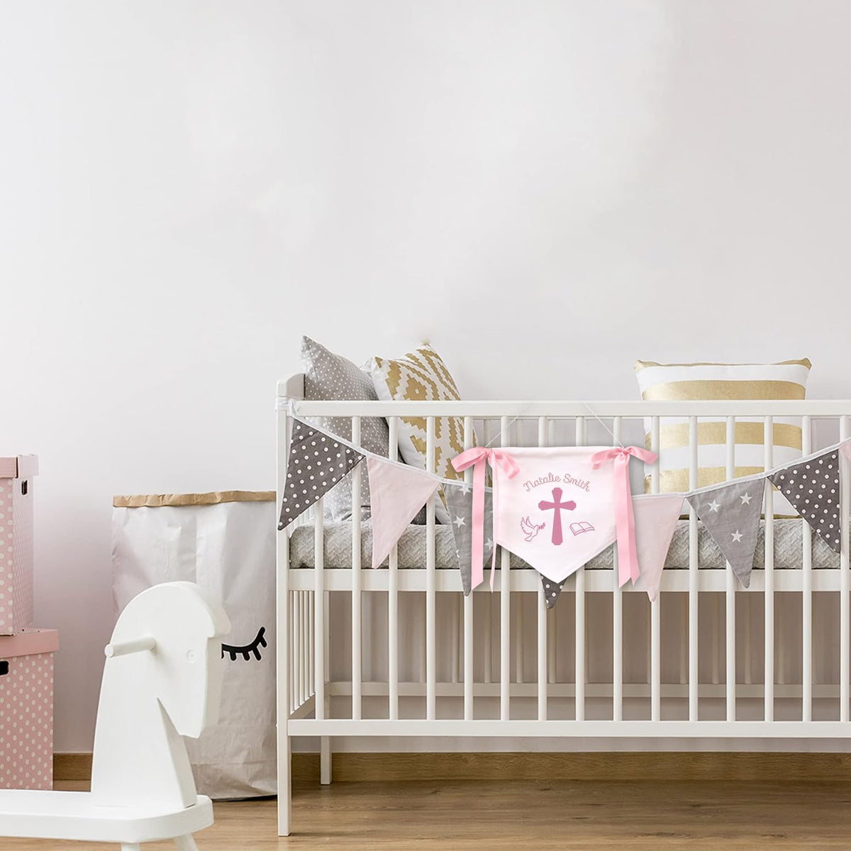 Custom Baptism Banner with Embroidered Cross, Baby Crib Canvas Hanging Pennant Flag, Newborn Baby Banner with Bows Ribbon, Gift For Baby