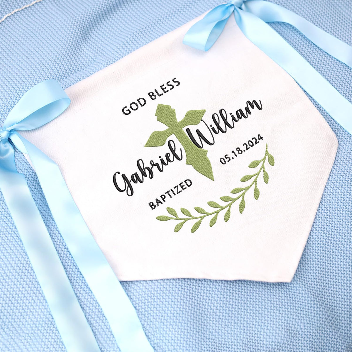 Custom Baptism Banner with Embroidered Cross, Newborn Baby Banner with Bows Ribbon, Baby Crib Canvas Hanging Pennant Flag