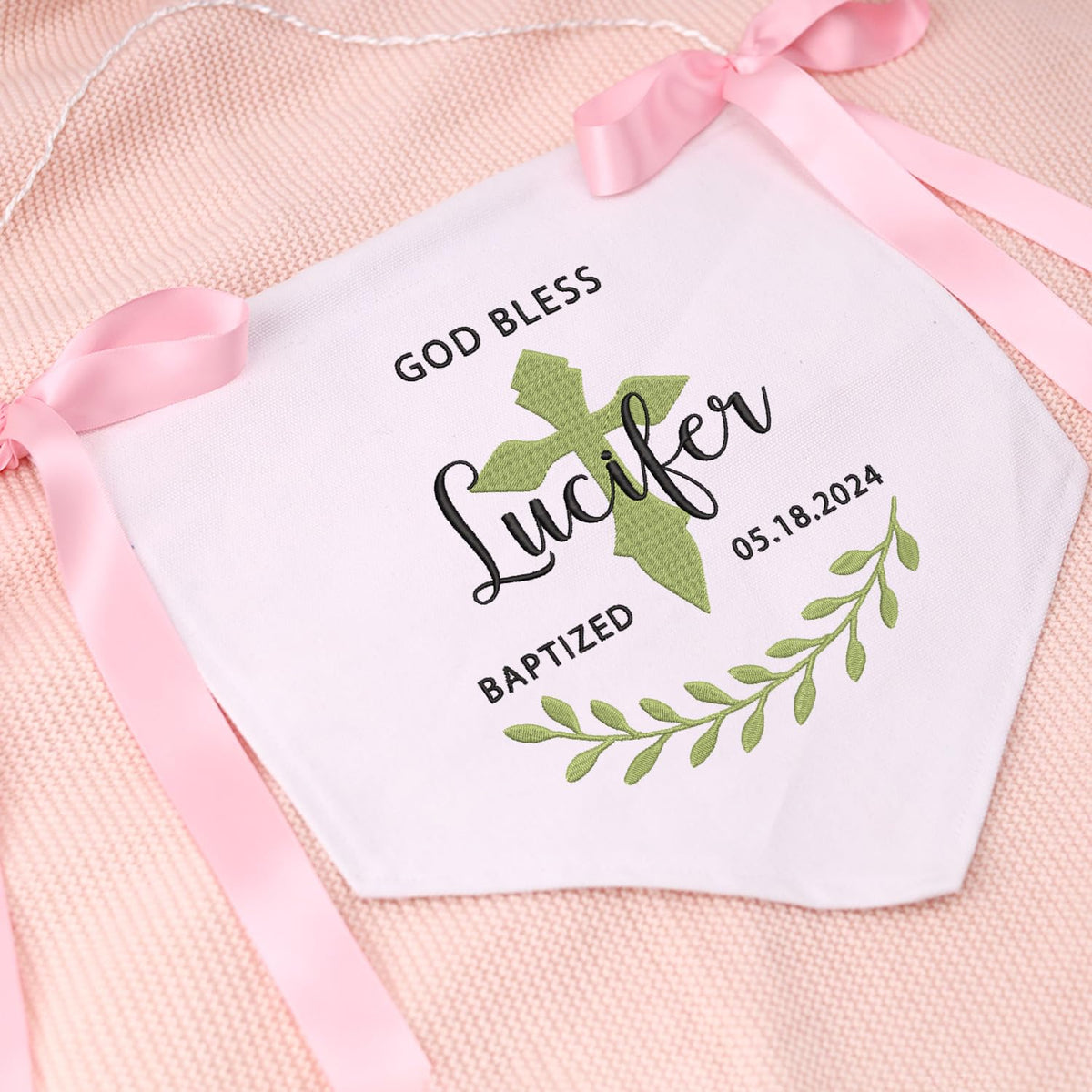 Custom Baptism Banner with Embroidered Cross, Newborn Baby Banner with Bows Ribbon, Baby Crib Canvas Hanging Pennant Flag
