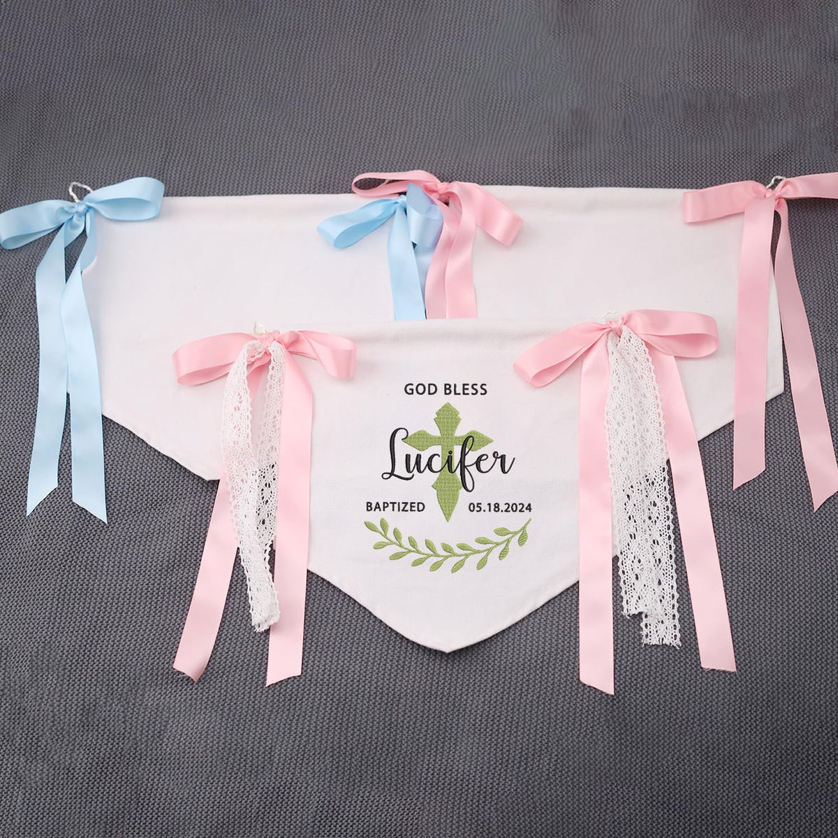 Custom Baptism Banner with Embroidered Cross, Newborn Baby Banner with Bows Ribbon, Baby Crib Canvas Hanging Pennant Flag