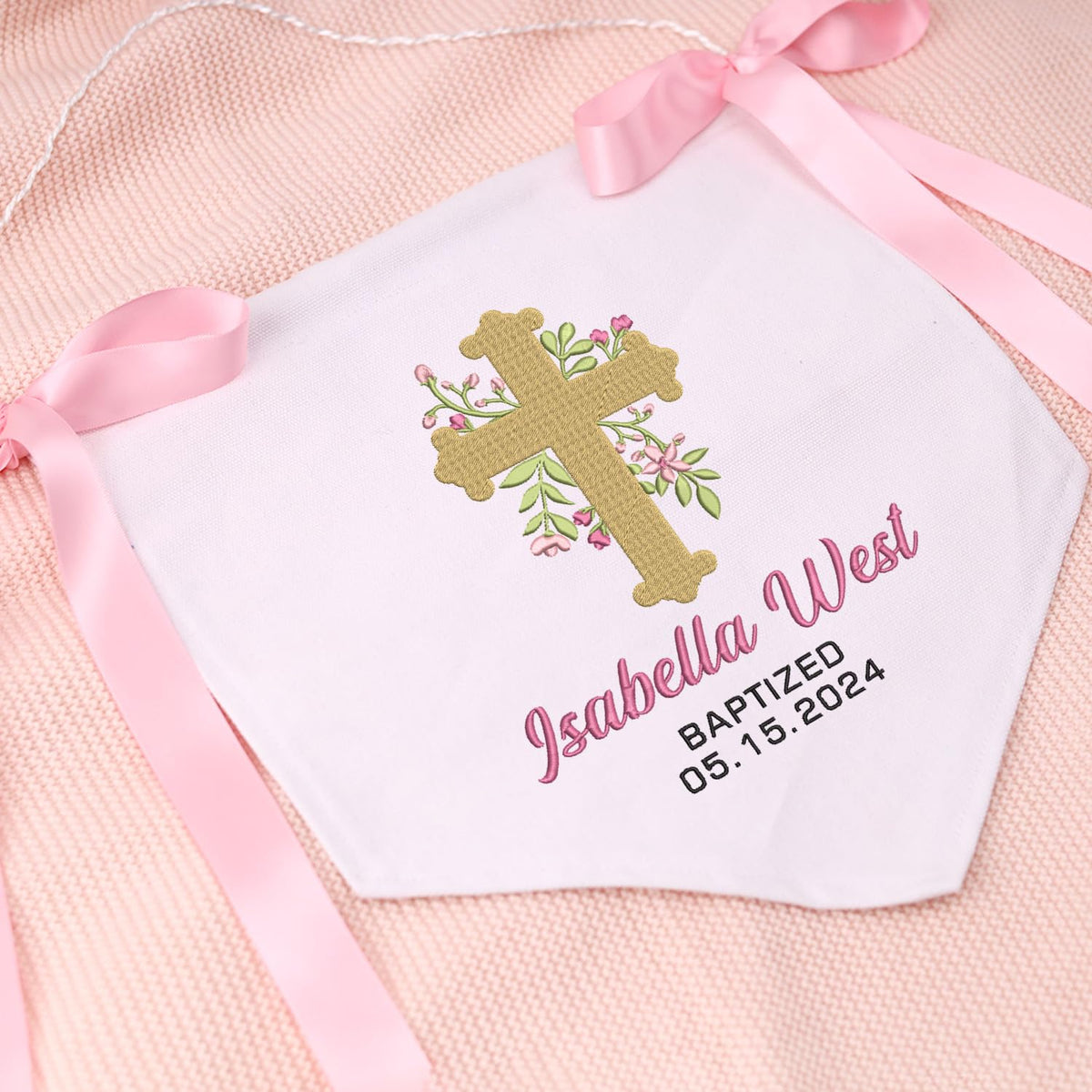 Custom Baptism Banner with Embroidered Cross, Newborn Baby Banner with Bows Ribbon, Baby Crib Canvas Hanging Pennant Flag, Gift For Baby