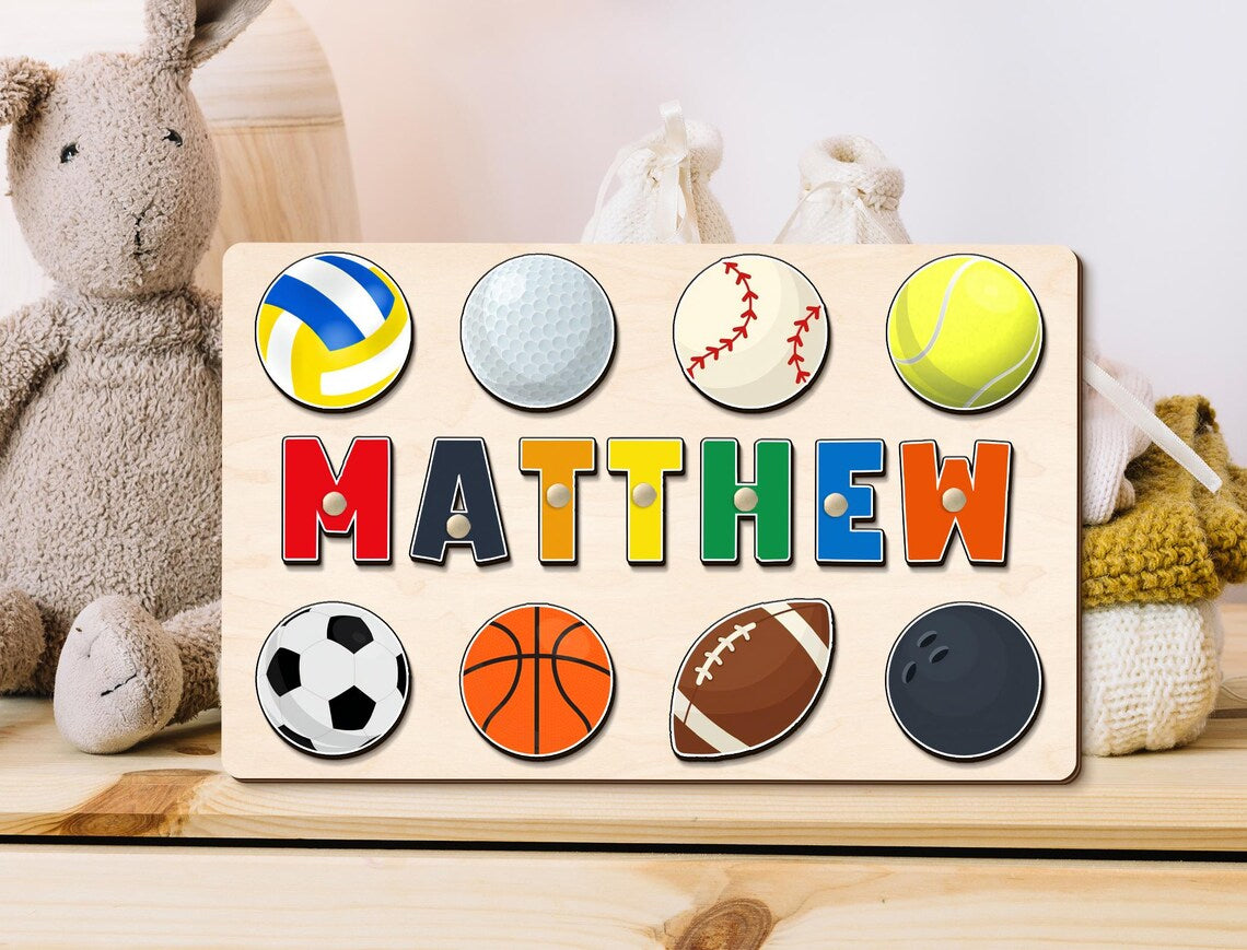 Custom Wooden Name Puzzle, Baby Shower Gift, Ball Game Sports Theme Name Puzzle