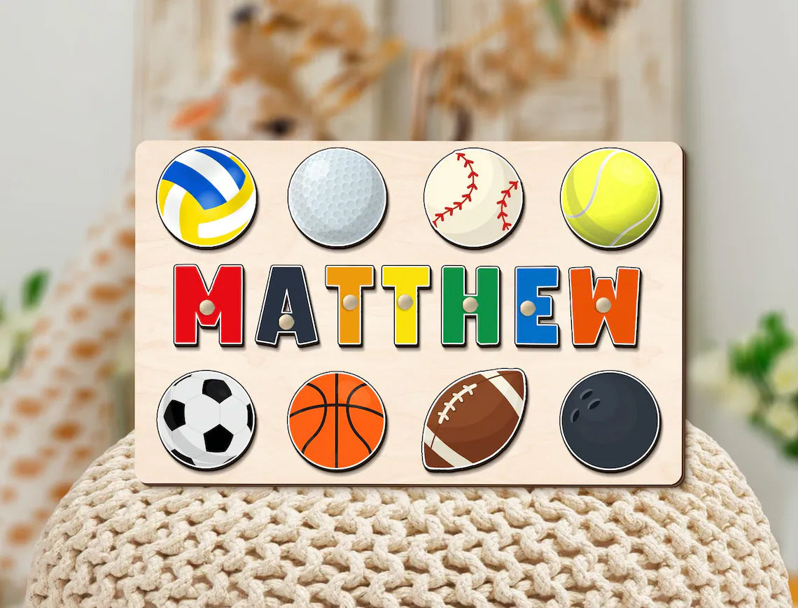 Custom Wooden Name Puzzle, Baby Shower Gift, Ball Game Sports Theme Name Puzzle