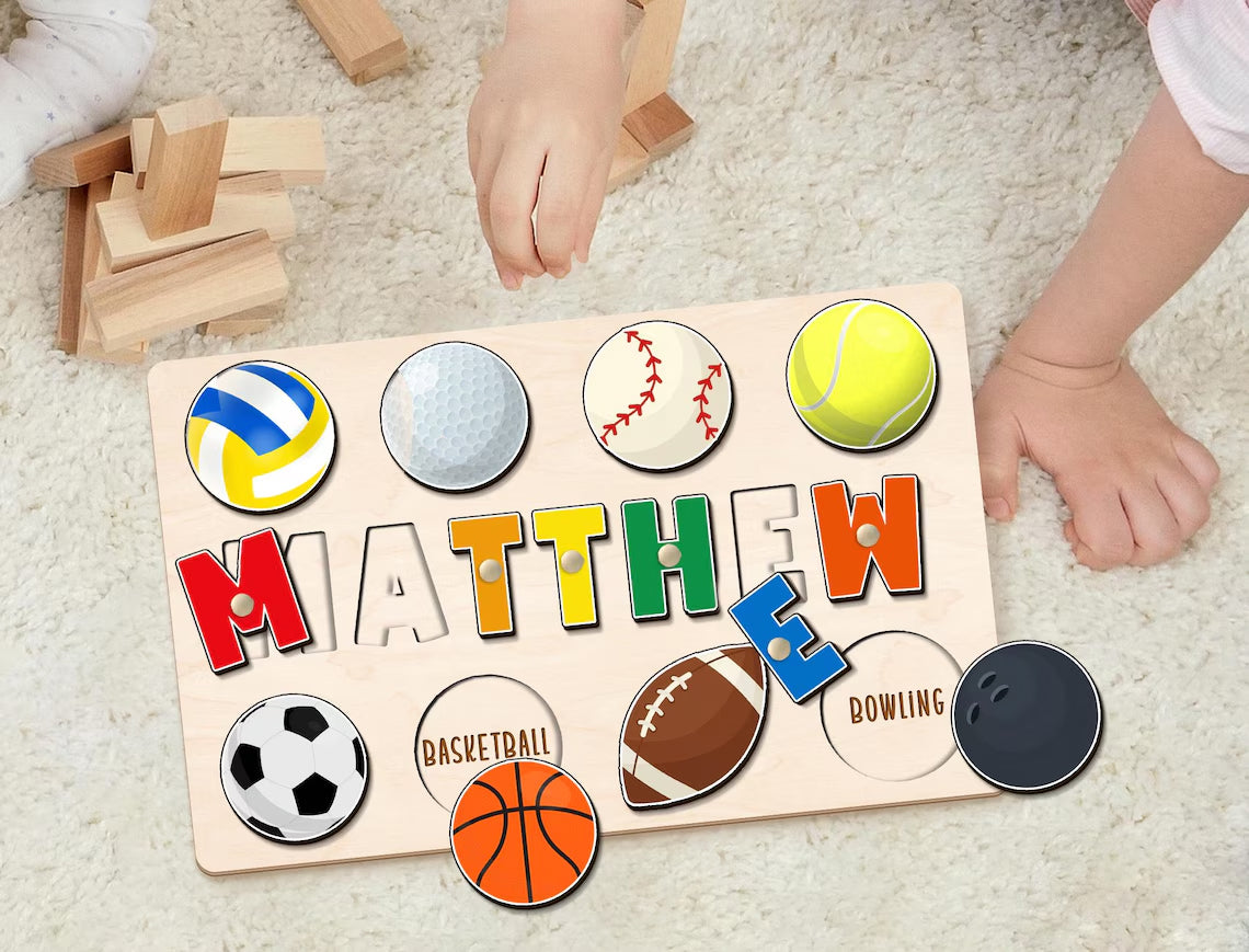 Custom Wooden Name Puzzle, Baby Shower Gift, Ball Game Sports Theme Name Puzzle
