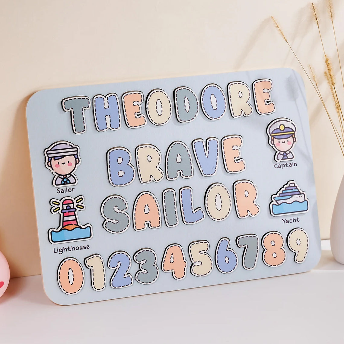 Cute Baby Personalized Wooden Name Puzzle With Numbers, Sailor, Wooden Toddler Toy, Back To School Gift