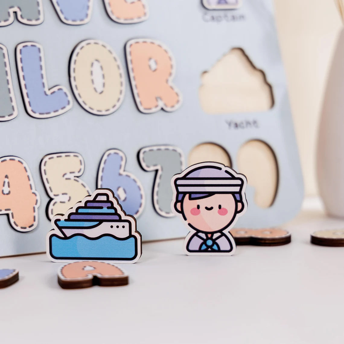 Cute Baby Personalized Wooden Name Puzzle With Numbers, Sailor, Wooden Toddler Toy, Back To School Gift
