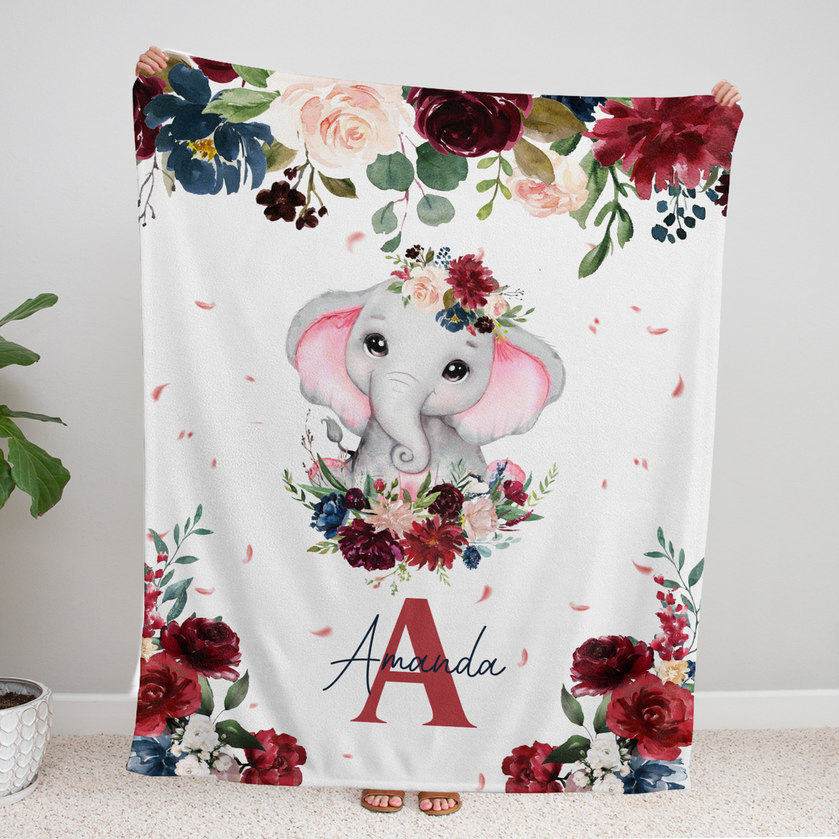Elephant Baby Blankets - Personalized Custom Swaddle Blankets for Girls, Plush for Infant Daughter/Granddaughter