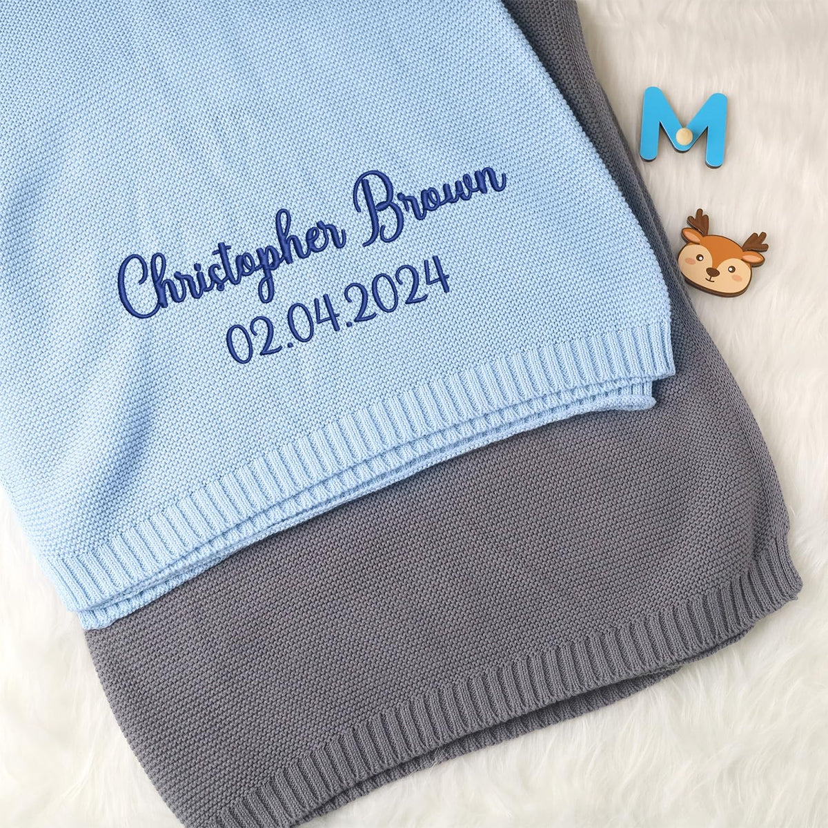 Embroidered Baby Blanket, Personalized Blankets with Name for Boys Girls, Custom Knit Embroidery Blanket for Strollers, Car Seat Blanket
