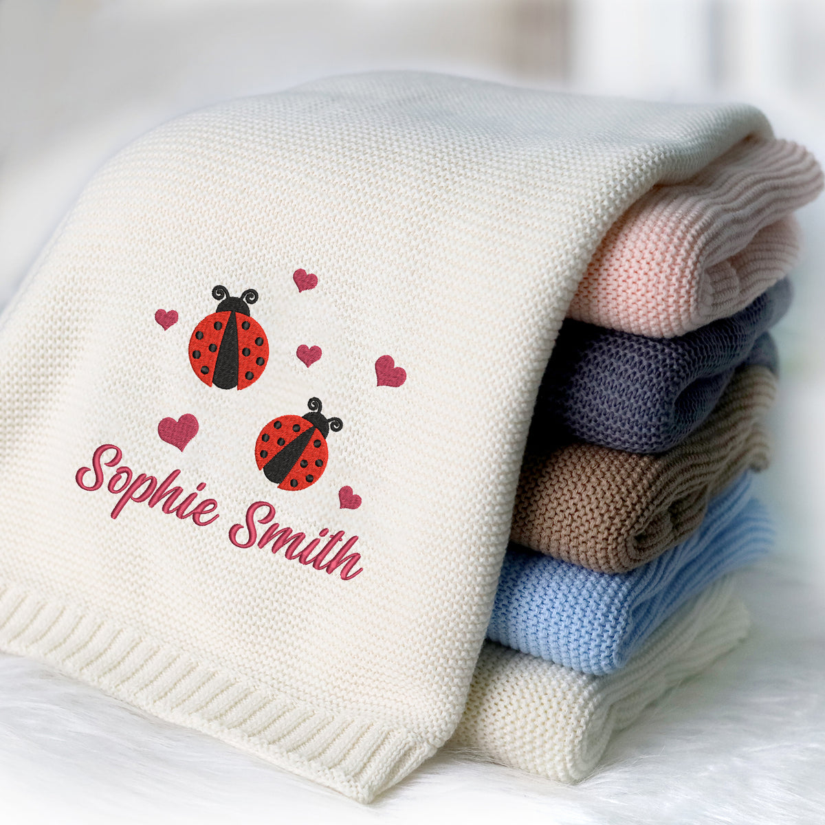 Embroidered Baby Blanket with Name, Personalized Baby Blanket Name for Boys Girls, Custom Baby Name Blankets (Lady Bug)