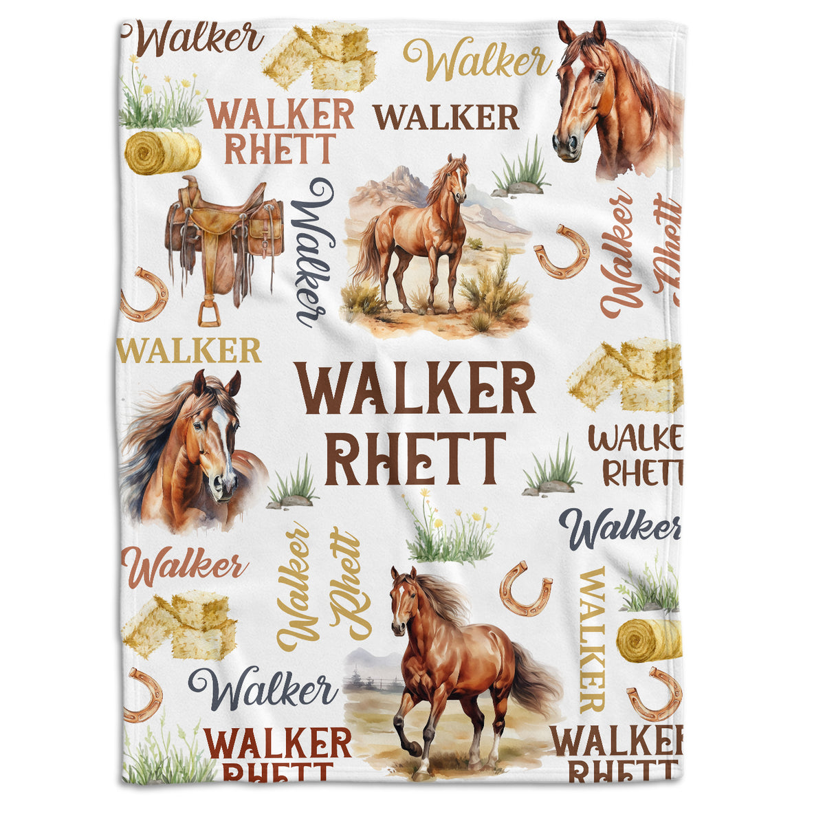 Farm Animals Baby Blanket, Customized Baby Blankets Name for Toddler Baby Nursery Bed Blankets Stroller Crib Shower Gifts (Blanket Horse)