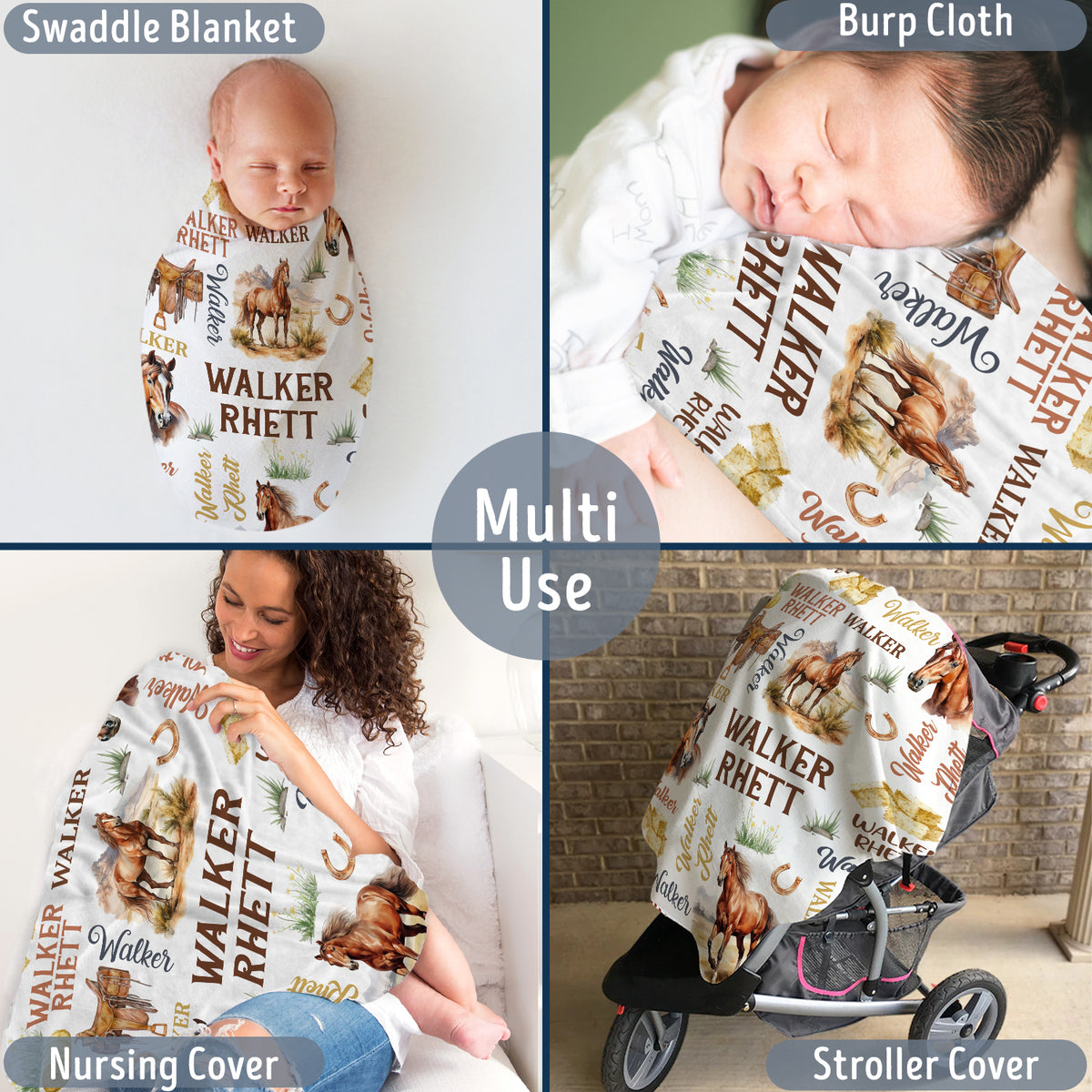 Farm Animals Baby Blanket, Customized Baby Blankets Name for Toddler Baby Nursery Bed Blankets Stroller Crib Shower Gifts (Blanket Horse)