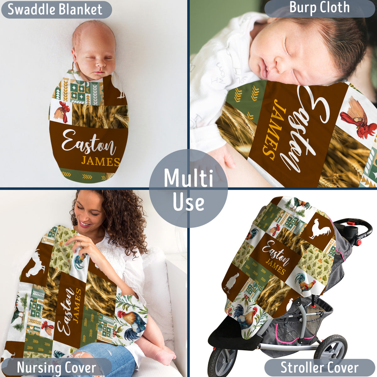 Farm Animals Baby Blanket, Personalized Baby Blankets for Boys Girls, Baby Nursery Bed Blankets Stroller Crib Shower Gifts (Blanket Chicken)