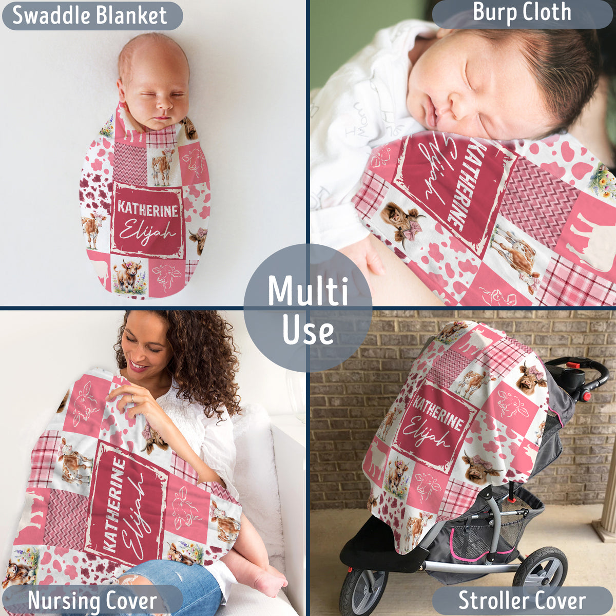 Farm Animals Baby Blanket, Personalized Baby Blankets for Boys Girls, Customized Baby Blankets Name for Toddler Gifts (Cow-Pink)
