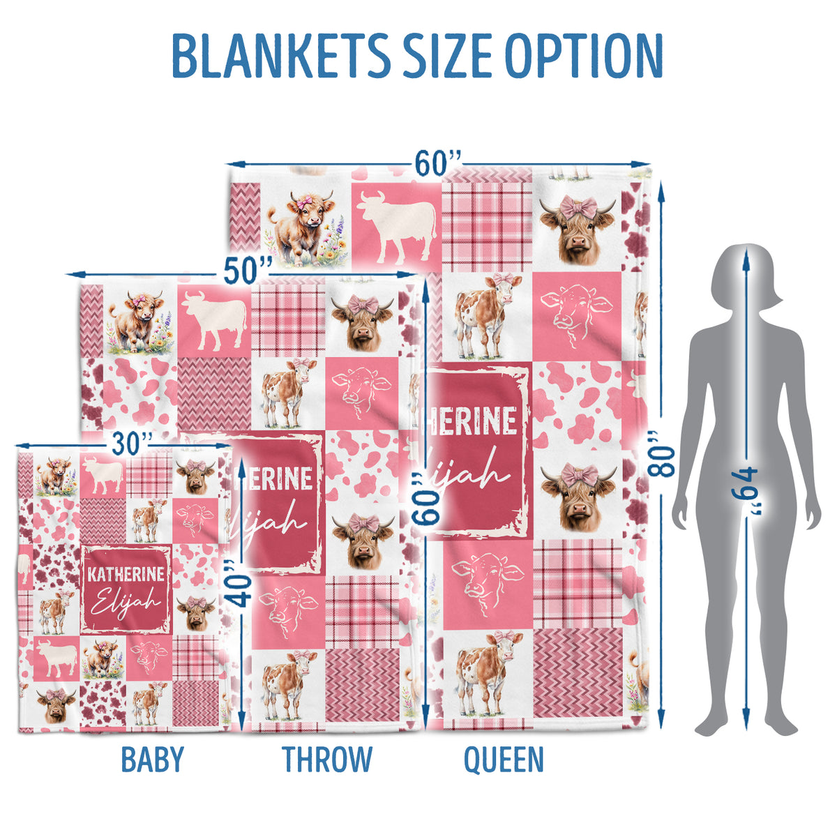 Farm Animals Baby Blanket, Personalized Baby Blankets for Boys Girls, Customized Baby Blankets Name for Toddler Gifts (Cow-Pink)