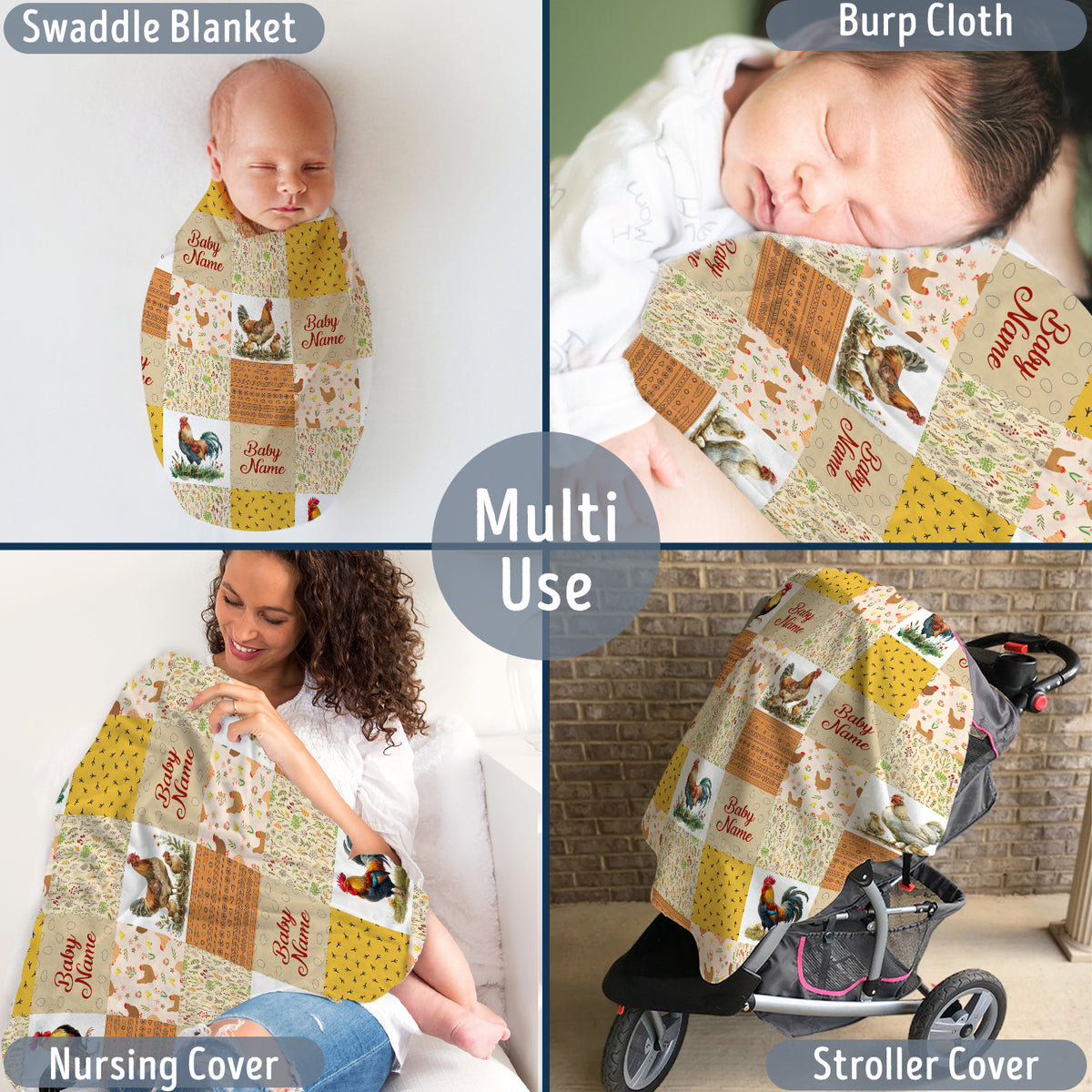 Farm Animals Baby Blanket, Personalized Baby Blankets for Boys Girls, Toddler Baby Nursery Bed Blankets Stroller Crib Shower Gifts (Chicken)