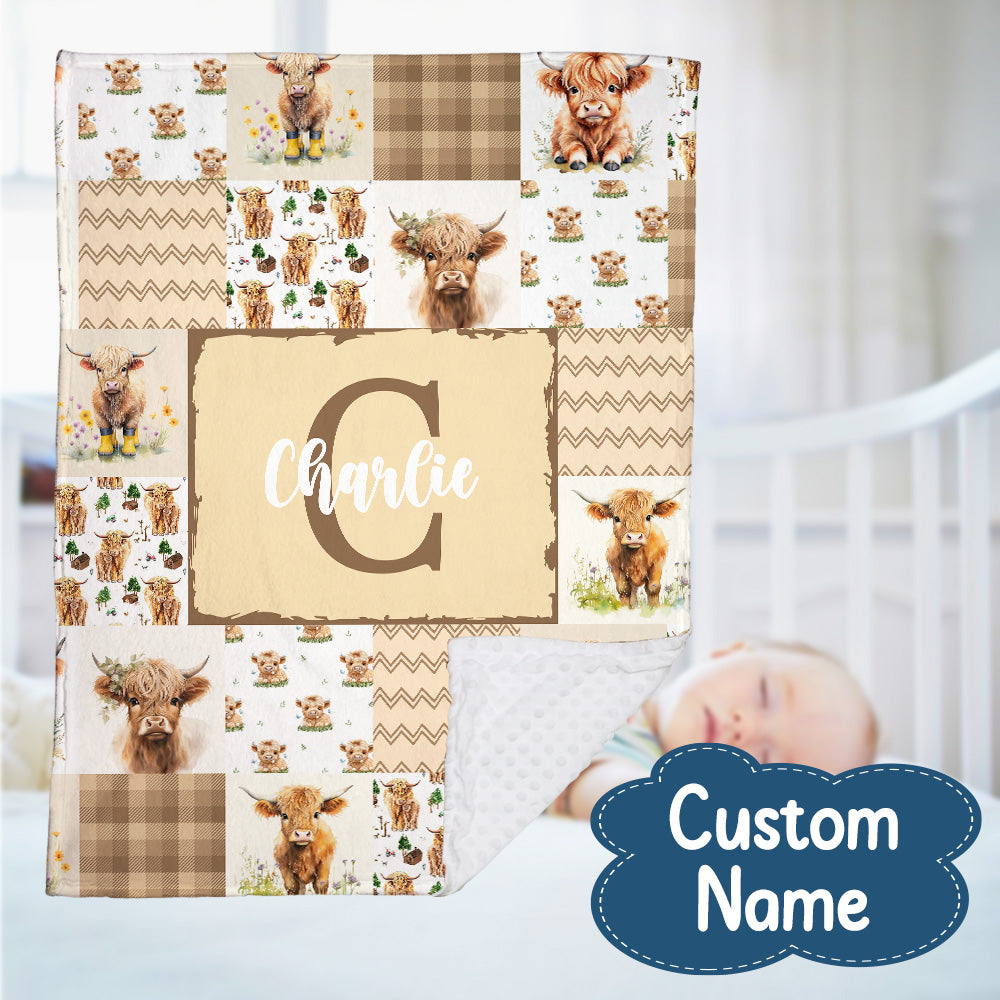 Highland Cow Baby Blanket - Personalized With Name or Initial for Girls and Boys, Custom Baby Stuff (Brown)