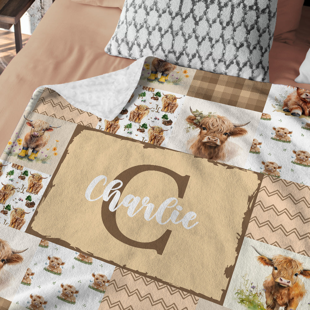 Highland Cow Baby Blanket - Personalized With Name or Initial for Girls and Boys, Custom Baby Stuff (Brown)