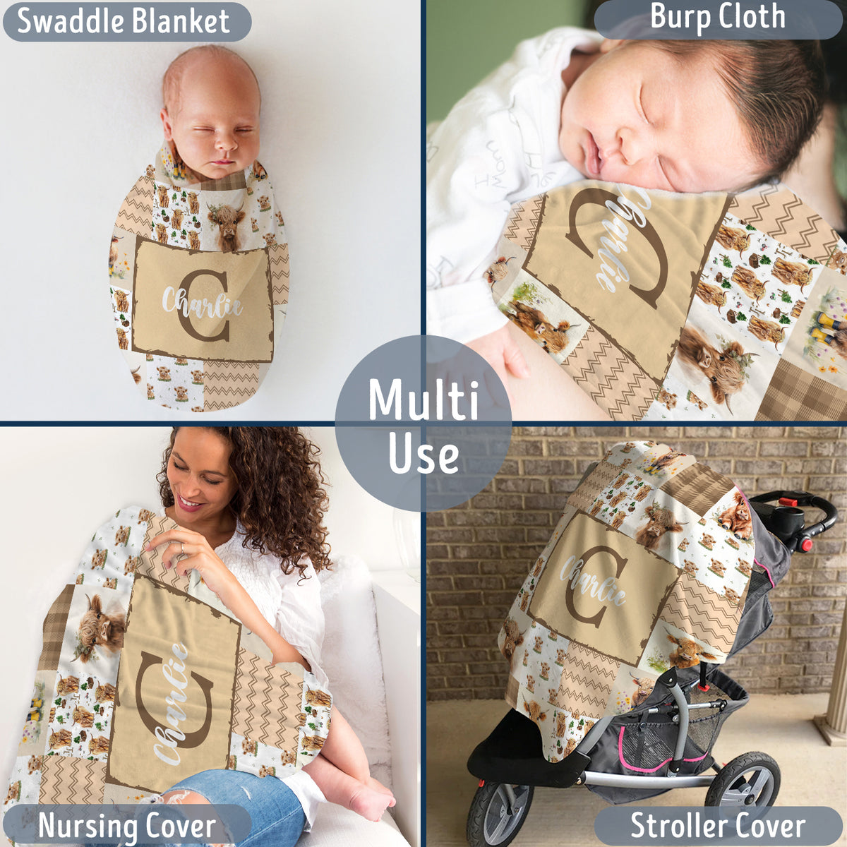 Highland Cow Baby Blanket - Personalized With Name or Initial for Girls and Boys, Custom Baby Stuff (Brown)