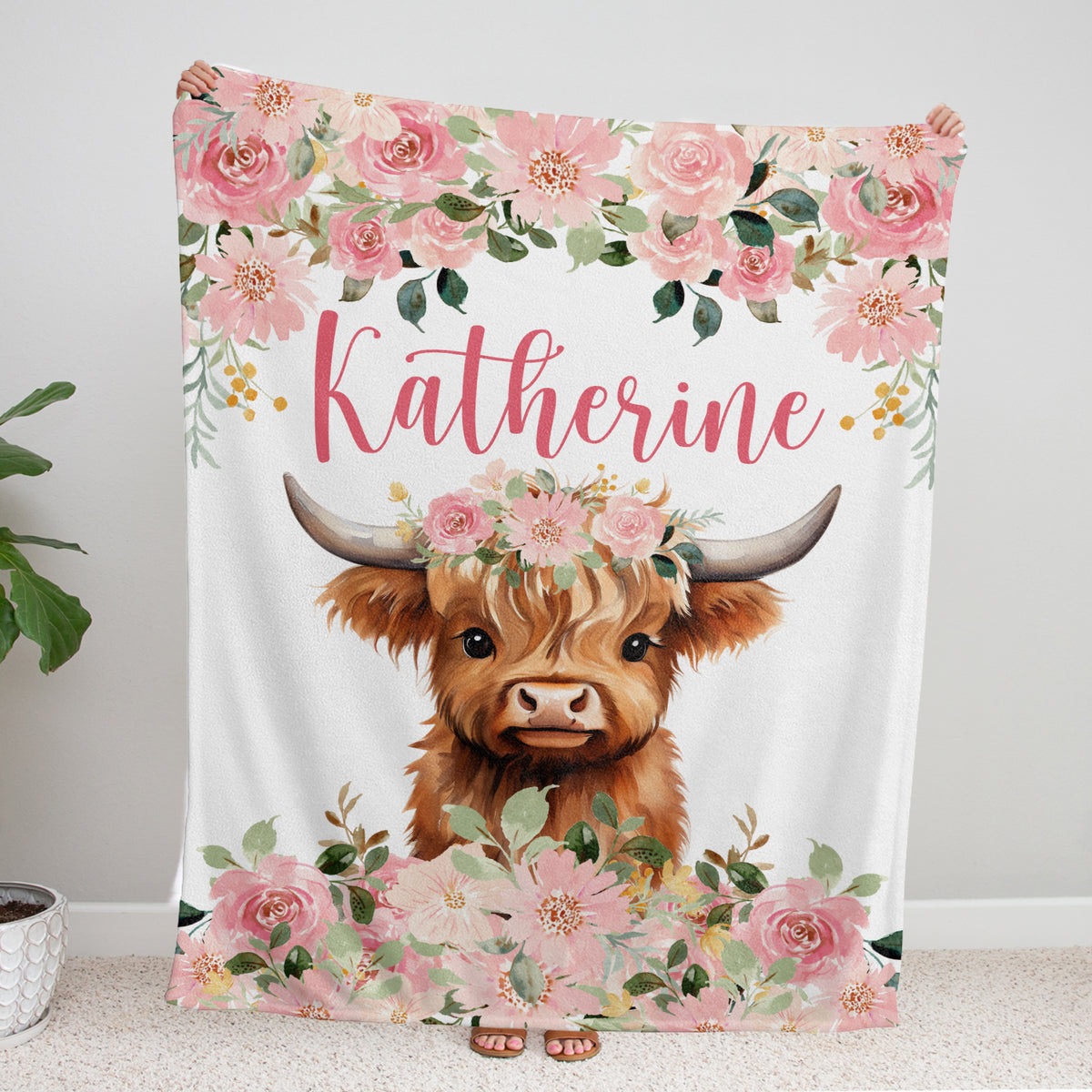 Highland Cow Baby Blanket for Baby, Personalized Baby Girl Blankets with Name, Pink Flowers Baby Blankets, Baby Cow Blankets, Custom