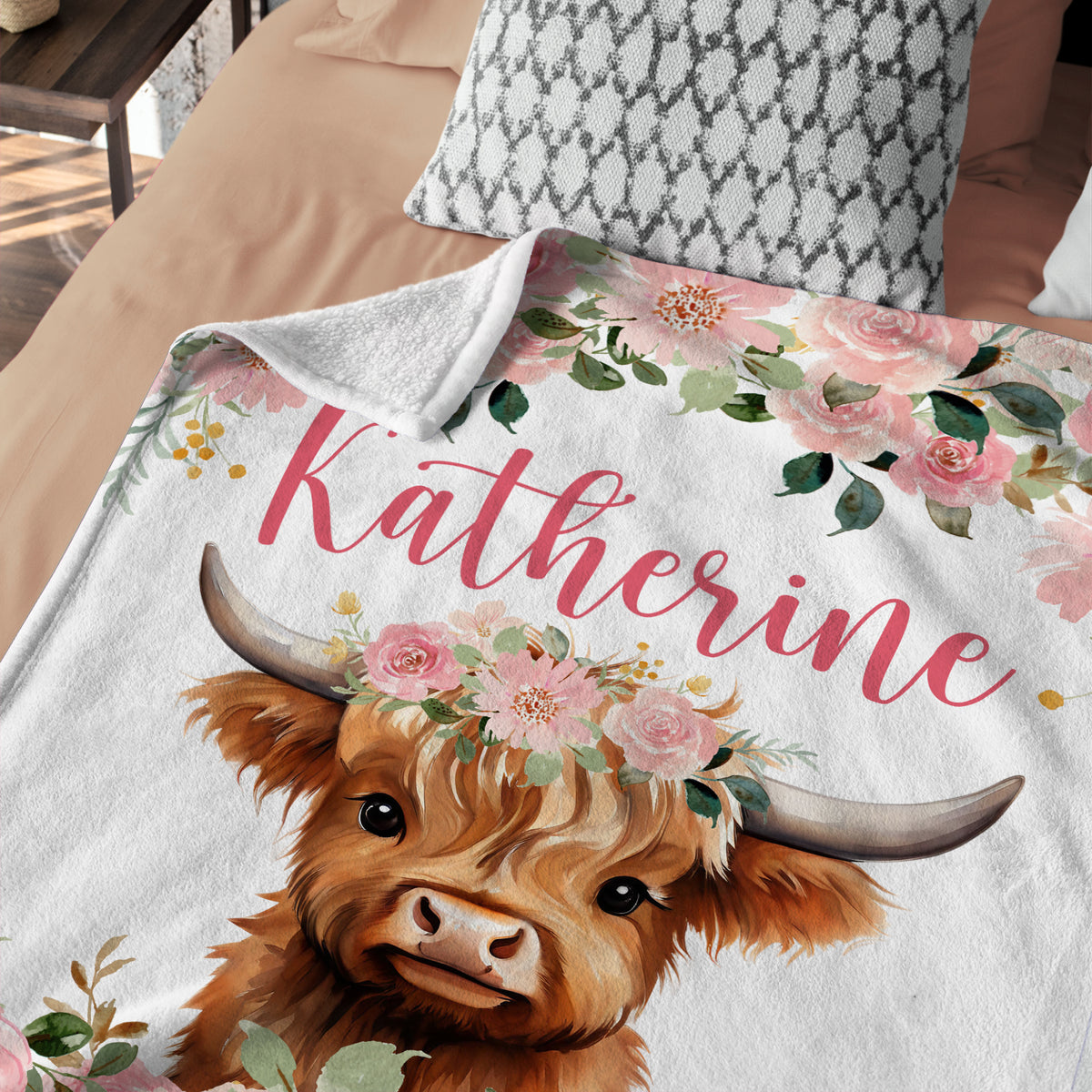 Highland Cow Baby Blanket for Baby, Personalized Baby Girl Blankets with Name, Pink Flowers Baby Blankets, Baby Cow Blankets, Custom