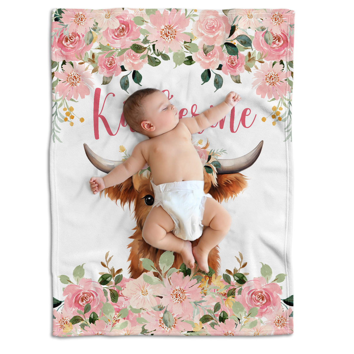 Highland Cow Baby Blanket for Baby, Personalized Baby Girl Blankets with Name, Pink Flowers Baby Blankets, Baby Cow Blankets, Custom