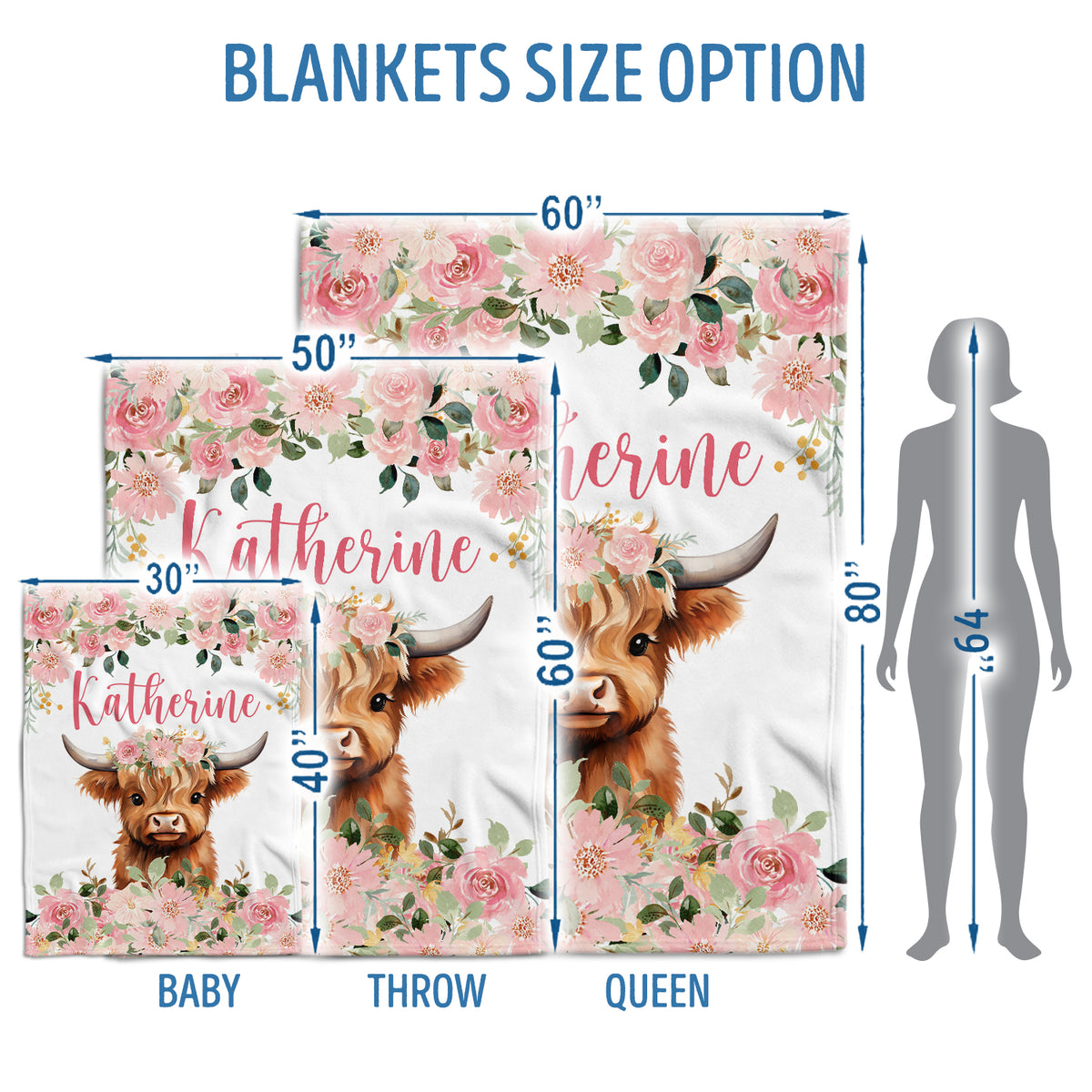 Highland Cow Baby Blanket for Baby, Personalized Baby Girl Blankets with Name, Pink Flowers Baby Blankets, Baby Cow Blankets, Custom