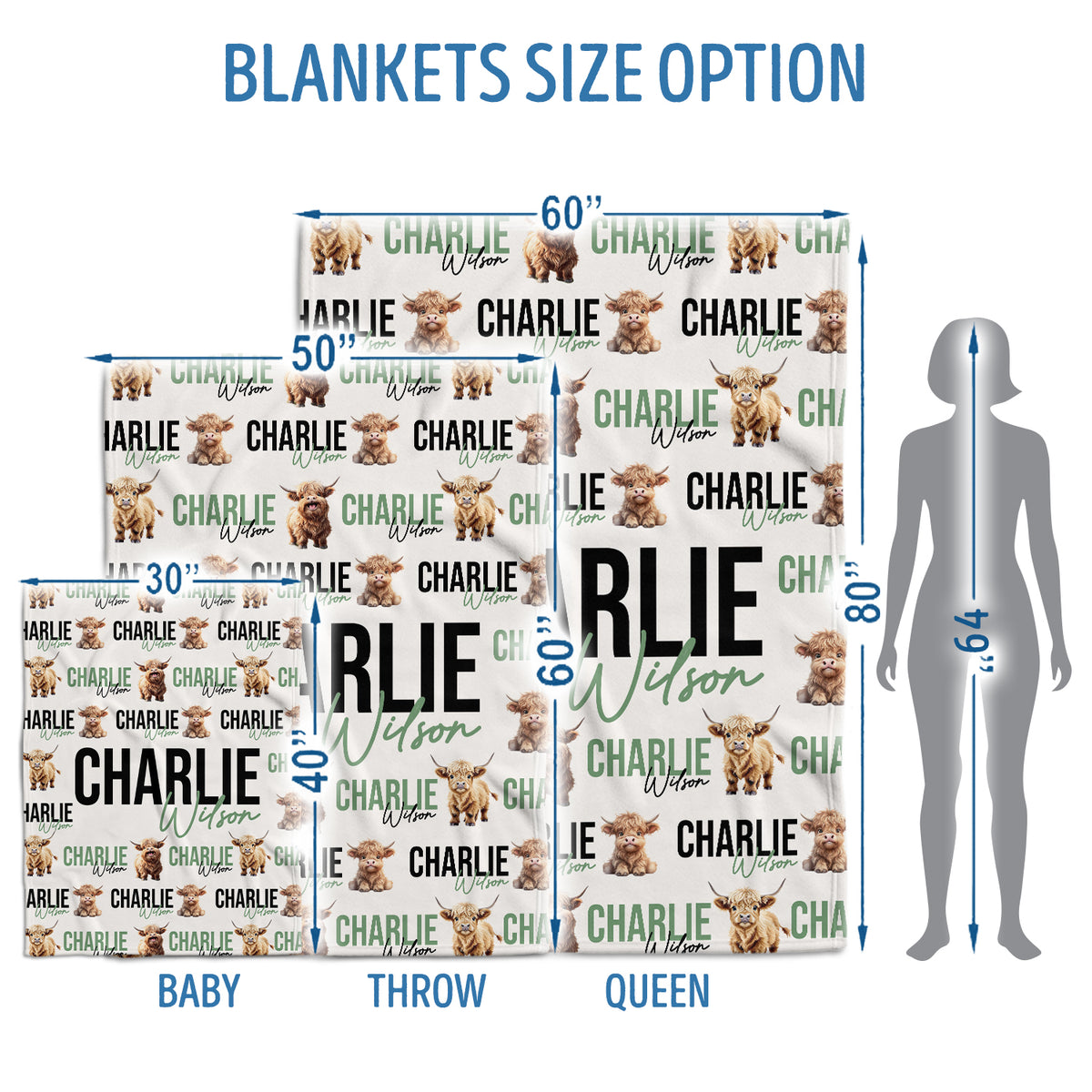 Highland Cow Baby Blanket for Boys Girls, Personalized Girl Blankets with Name, Custom, 3 Sizes Plush Blanket for Infant Newborn Toddlers