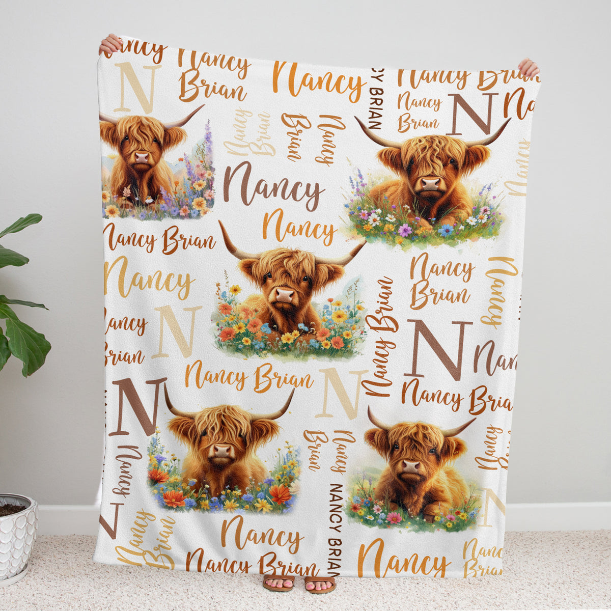 Highland Cow Baby Blanket for Girls Boys, Cow Blankets, Personalized Blankets with Name, Initial Name Baby Blanket, Custom