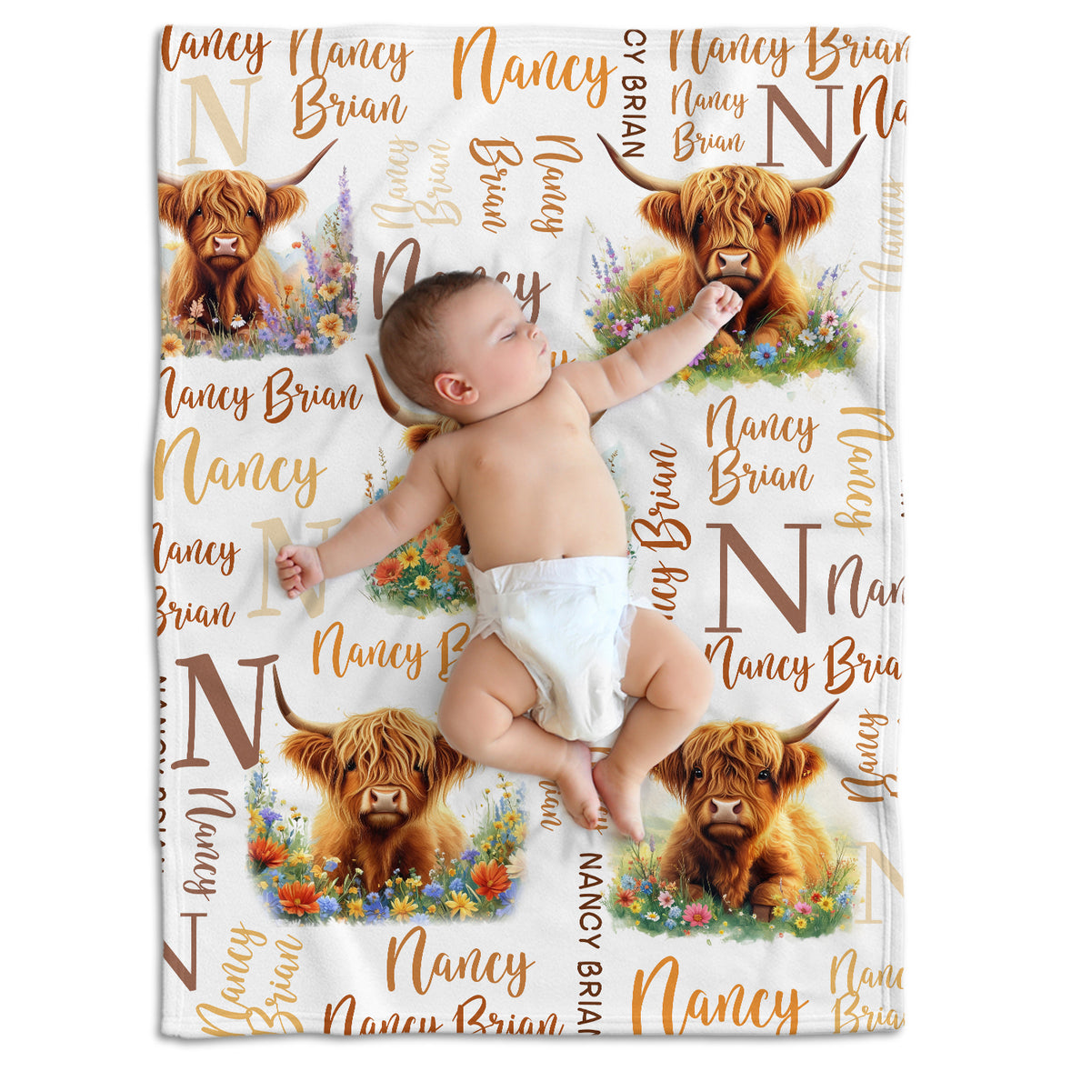 Highland Cow Baby Blanket for Girls Boys, Cow Blankets, Personalized Blankets with Name, Initial Name Baby Blanket, Custom