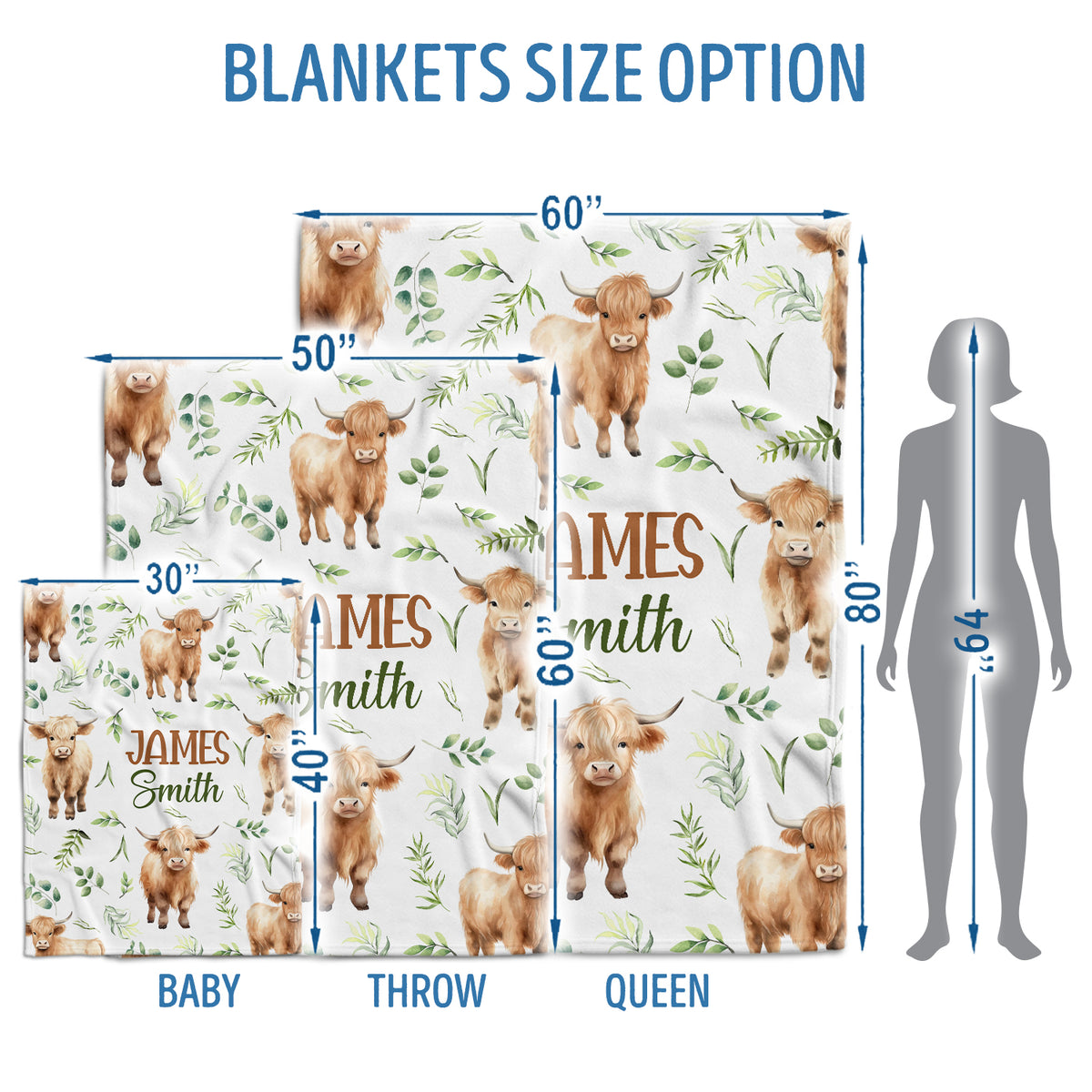 Highland Cow Baby Blanket for Girls & Boys, Personalized with Name, (Leaf)