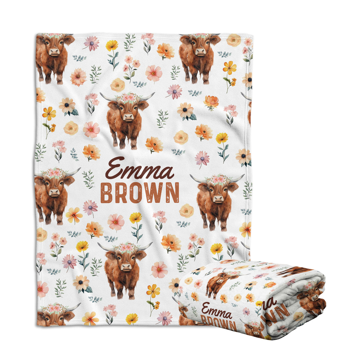Highland Cow Baby Blanket for Girls, Highland Cow Baby Stuff, Personalized Baby Blankets with Name, Flowers Baby Blankets