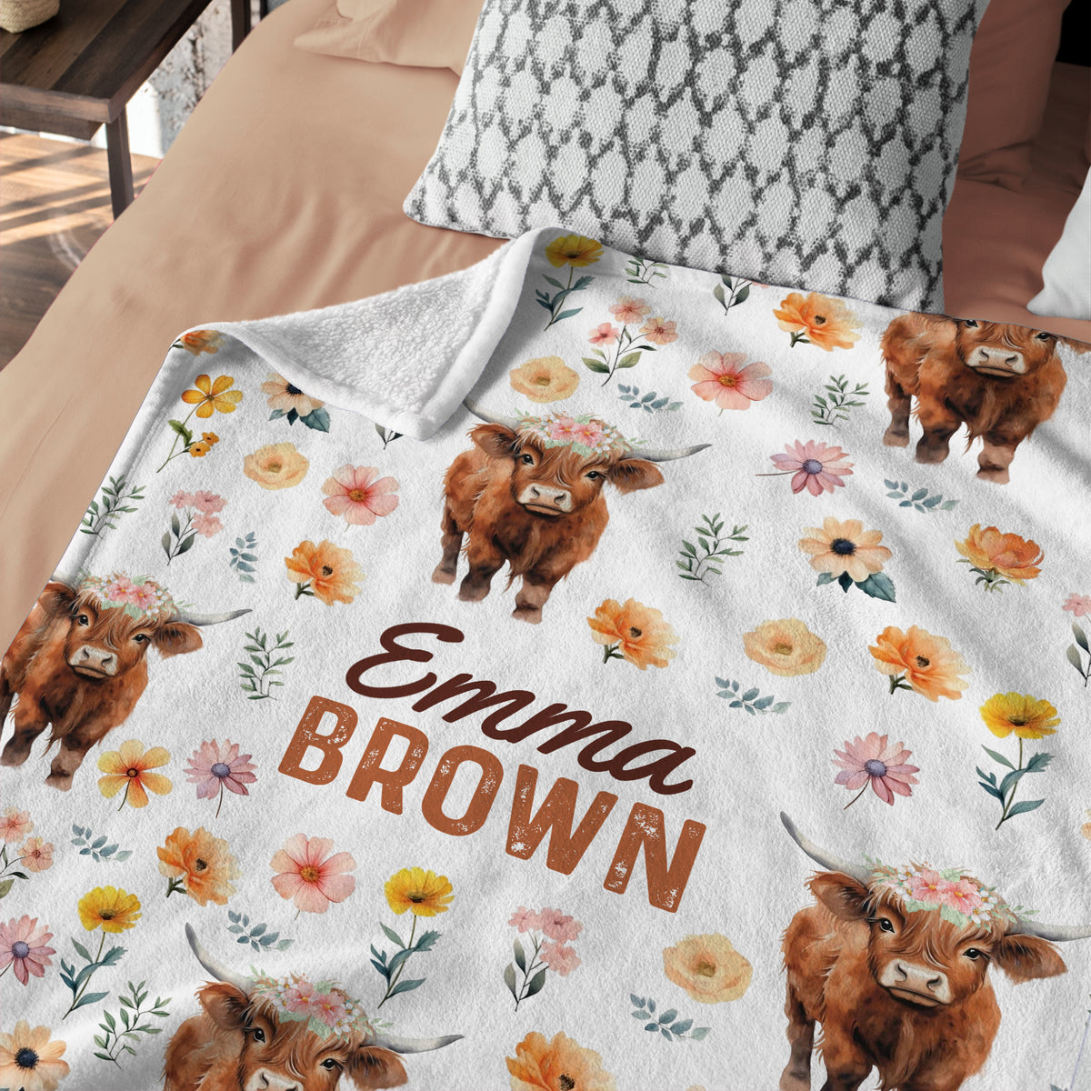 Highland Cow Baby Blanket for Girls, Highland Cow Baby Stuff, Personalized Baby Blankets with Name, Flowers Baby Blankets
