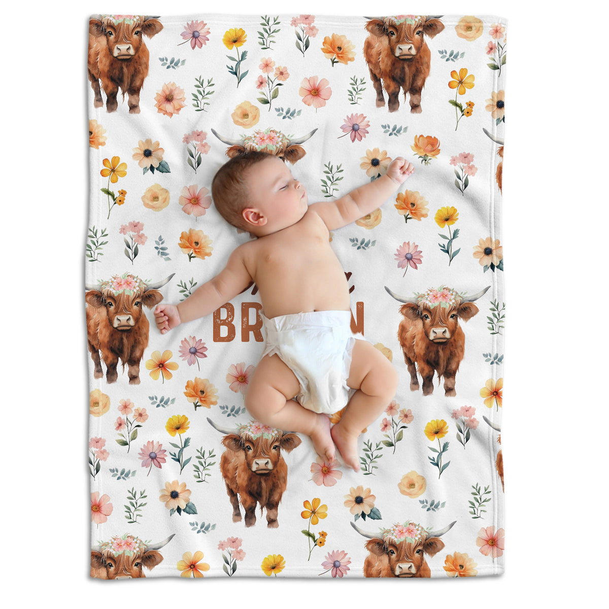 Highland Cow Baby Blanket for Girls, Highland Cow Baby Stuff, Personalized Baby Blankets with Name, Flowers Baby Blankets