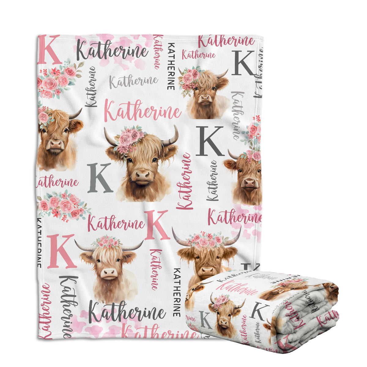 Highland Cow Baby Stuff, Personalized Baby Girl Blankets with Name, Pink Flowers Baby Blankets, Baby Cow Blankets, Custom (Initial)
