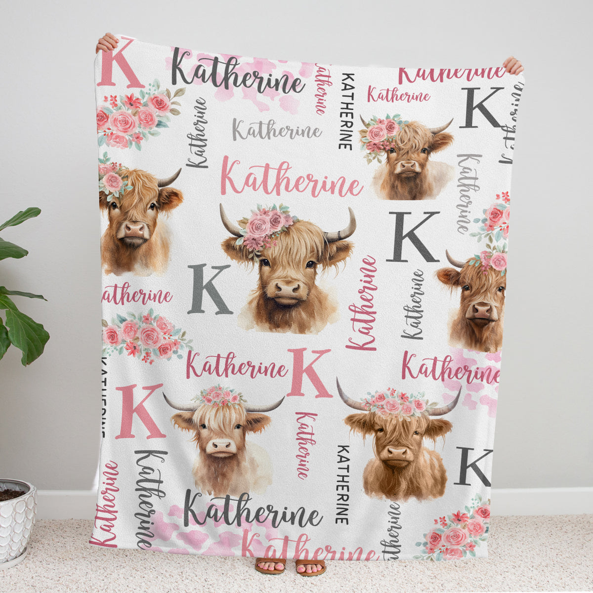 Highland Cow Baby Stuff, Personalized Baby Girl Blankets with Name, Pink Flowers Baby Blankets, Baby Cow Blankets, Custom (Initial)