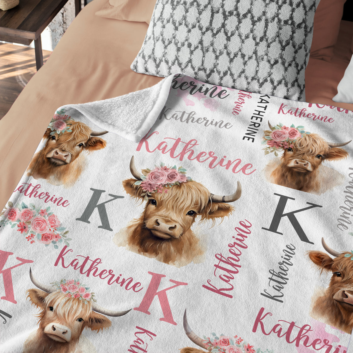 Highland Cow Baby Stuff, Personalized Baby Girl Blankets with Name, Pink Flowers Baby Blankets, Baby Cow Blankets, Custom (Initial)