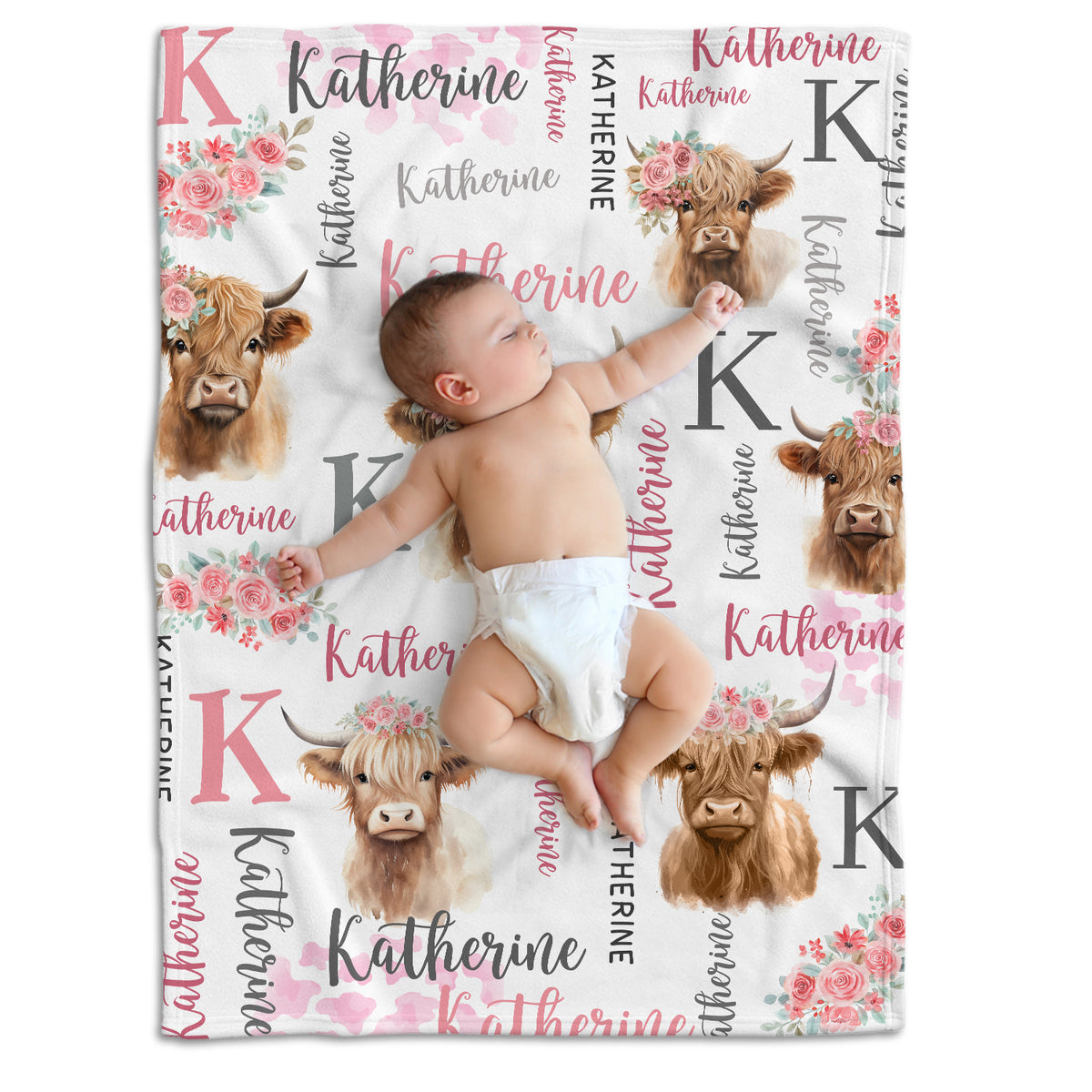 Highland Cow Baby Stuff, Personalized Baby Girl Blankets with Name, Pink Flowers Baby Blankets, Baby Cow Blankets, Custom (Initial)