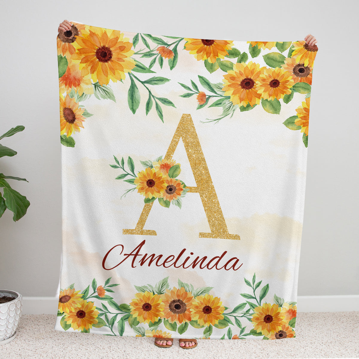 Initials Name Baby Blanket for Girls, Personalized Sunflower Swaddle, Custom Soft Plush for Newborn Infant Daughter