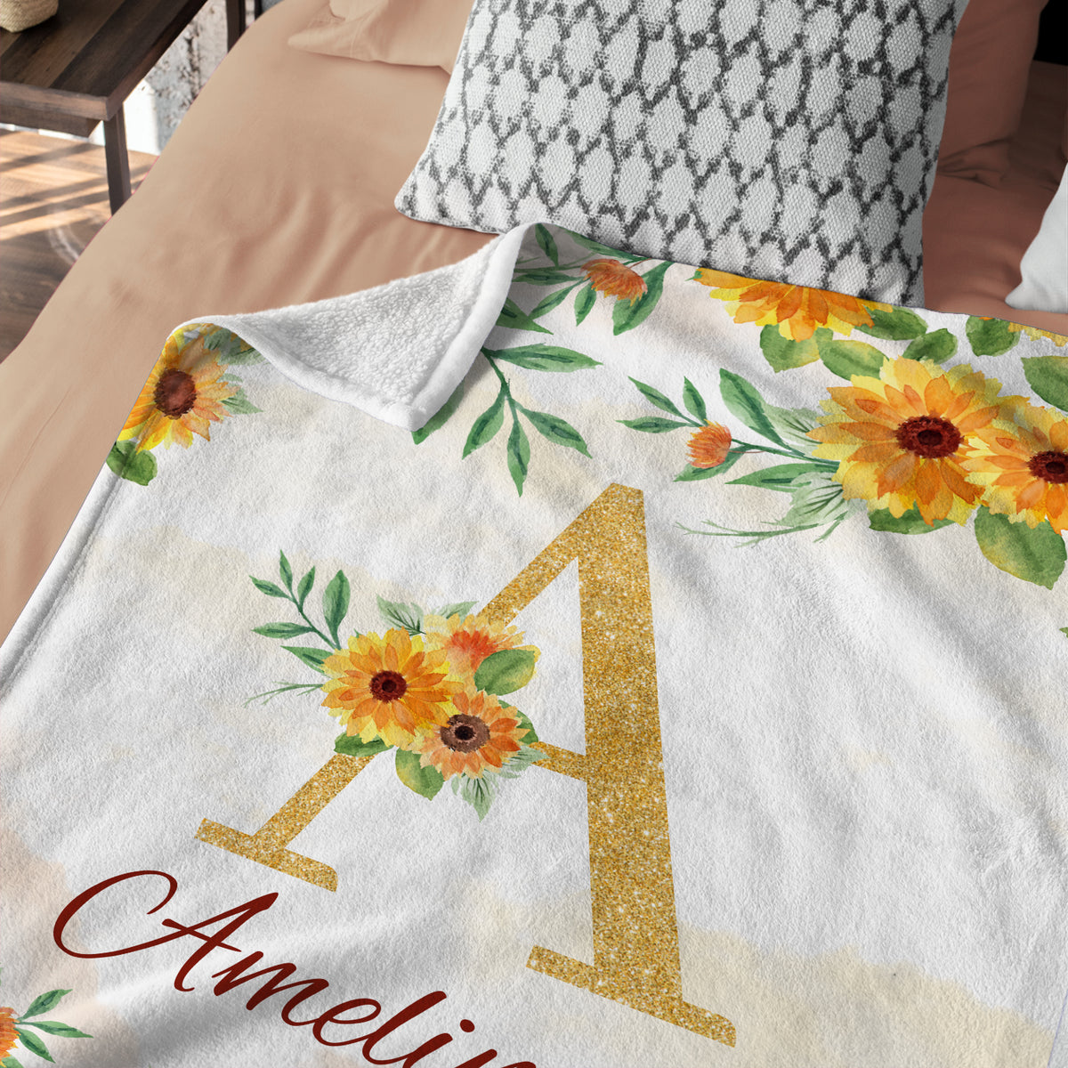 Initials Name Baby Blanket for Girls, Personalized Sunflower Swaddle, Custom Soft Plush for Newborn Infant Daughter