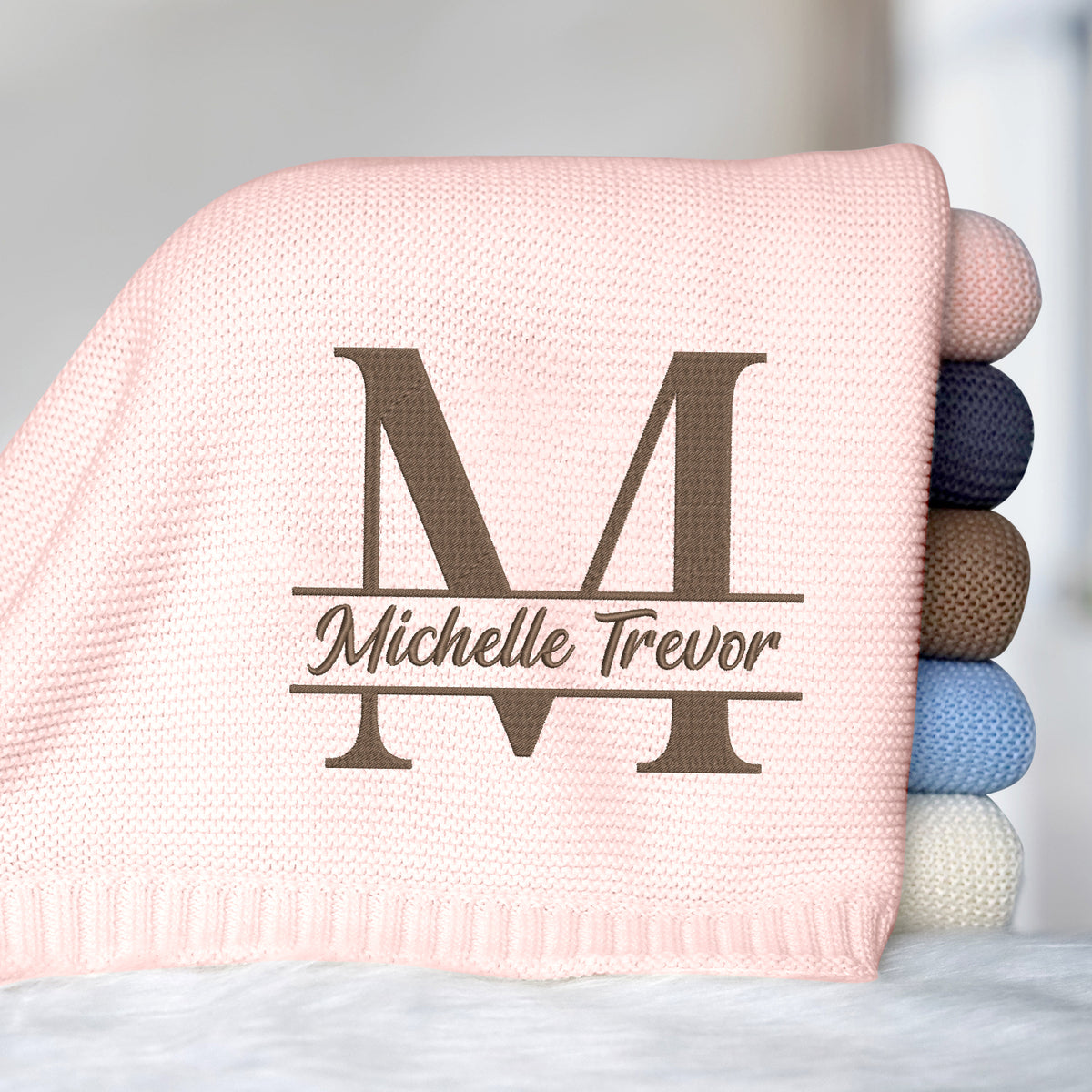 Initials Name Embroidered Baby Blanket, Personalized Baby Blanket for Boys Girls, Cotton Knit Blanket For Kids