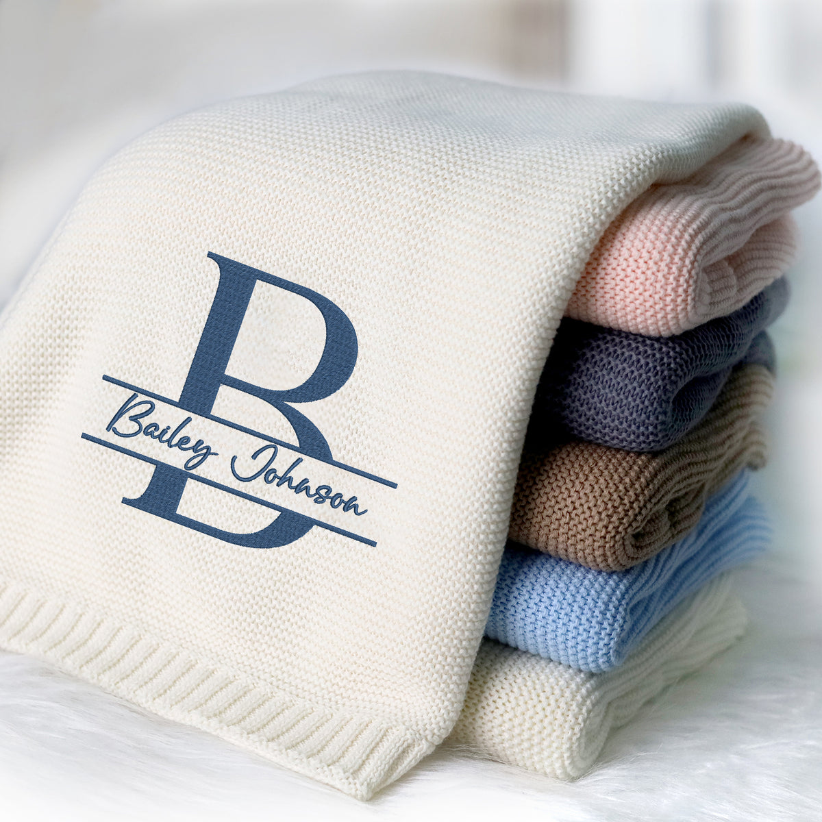 Initials Name Embroidered Baby Blanket, Personalized Baby Blanket for Boys Girls, Cotton Knit Blanket For Kids