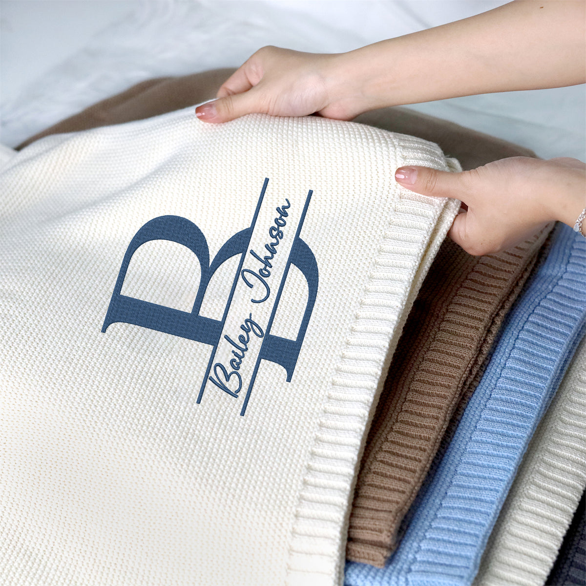 Initials Name Embroidered Baby Blanket, Personalized Baby Blanket for Boys Girls, Cotton Knit Blanket For Kids
