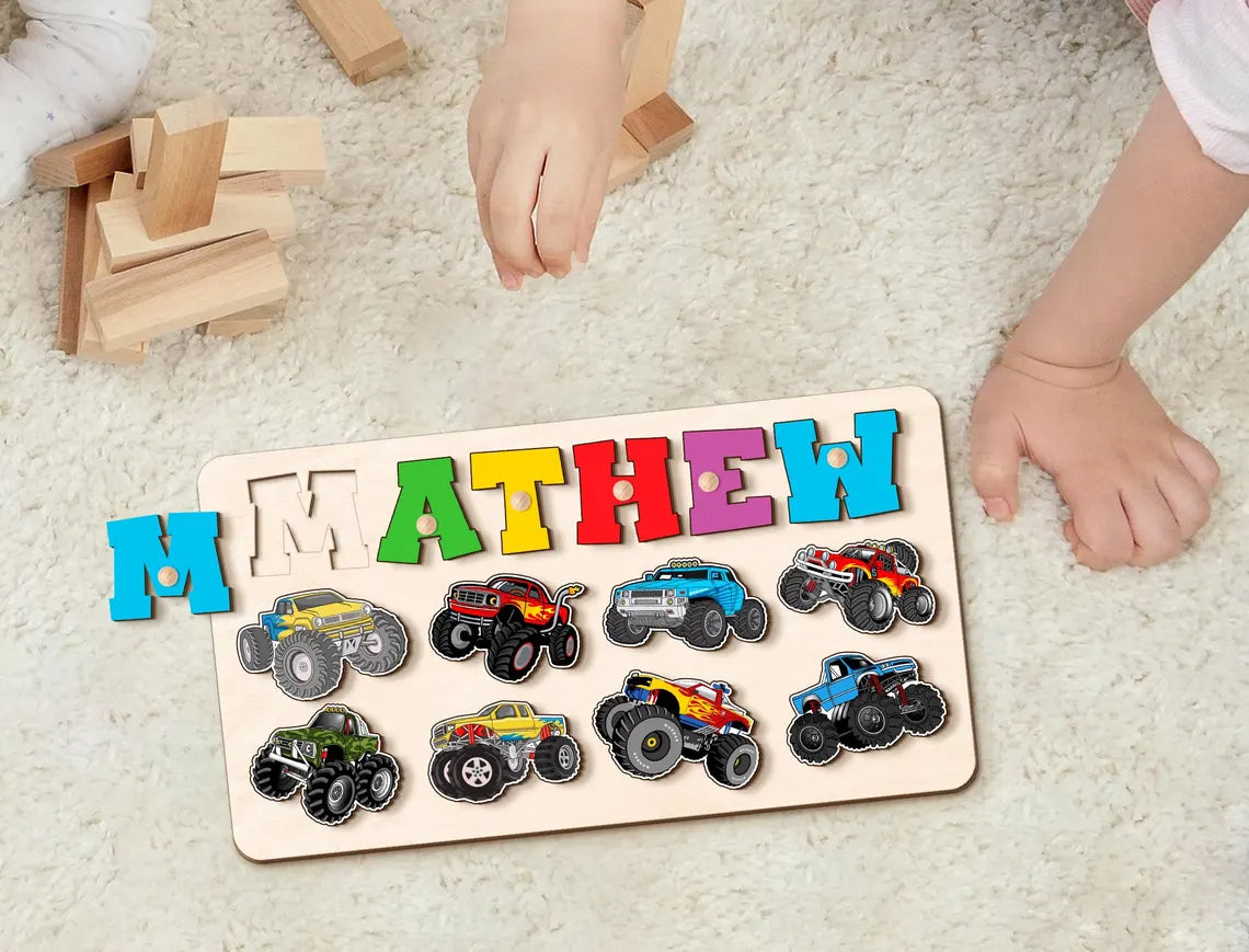 Kids Monster Truck Name Puzzle Board, Boy Birthday Gift, Wood Toddlers Toys, Racing Cars