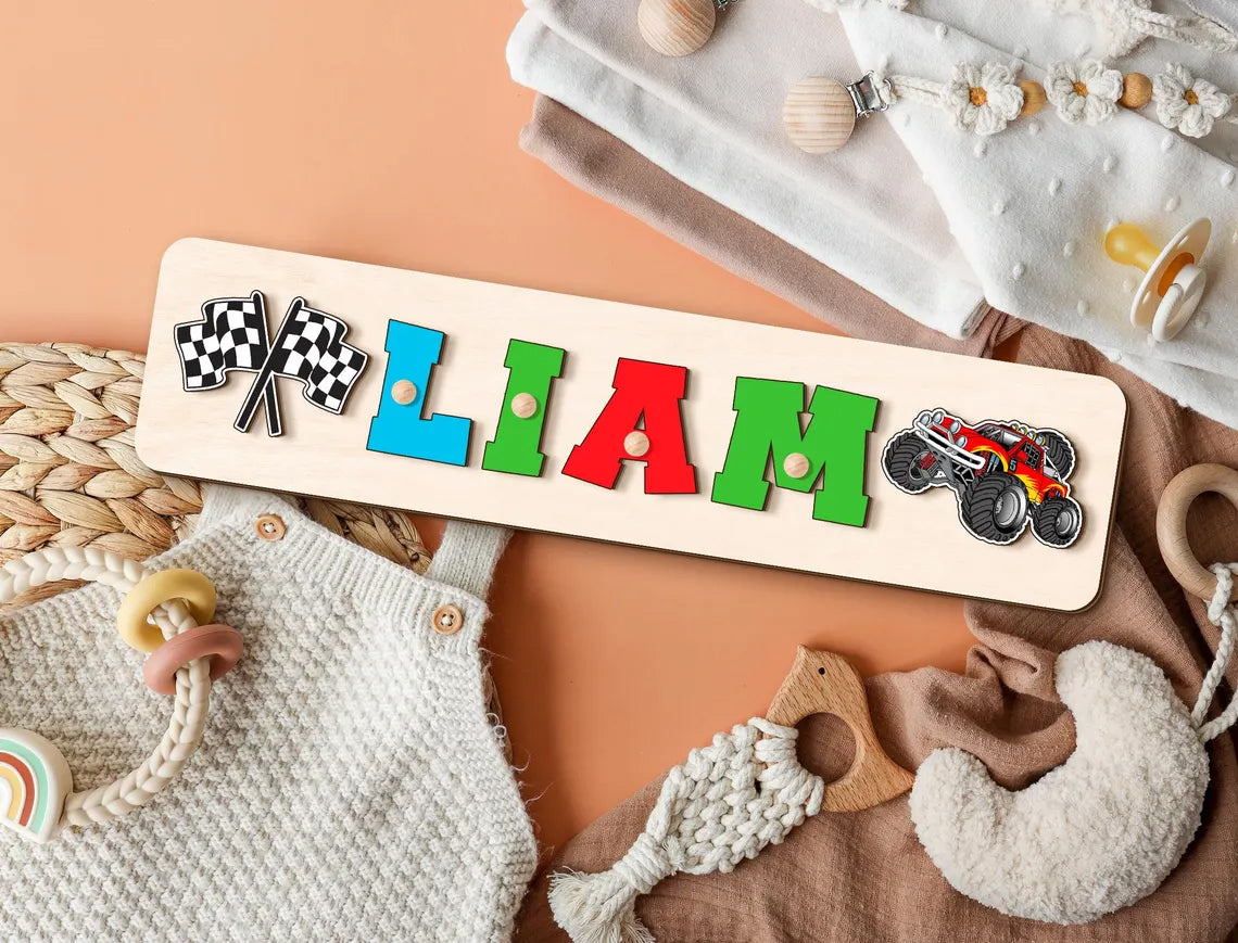 Kids Monster Truck Name Puzzle Board, Boy Birthday Gift, Wood Toddlers Toys, Racing Cars