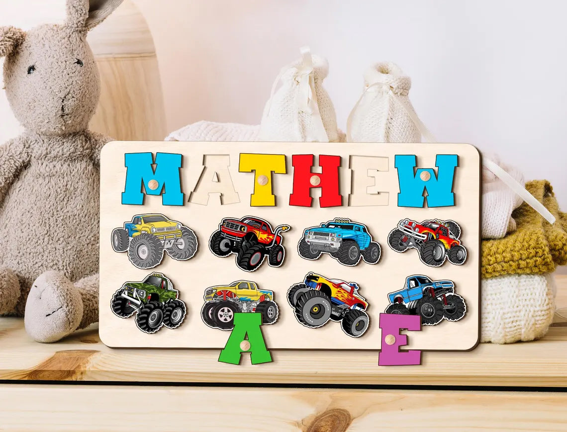 Kids Monster Truck Name Puzzle Board, Boy Birthday Gift, Wood Toddlers Toys, Racing Cars